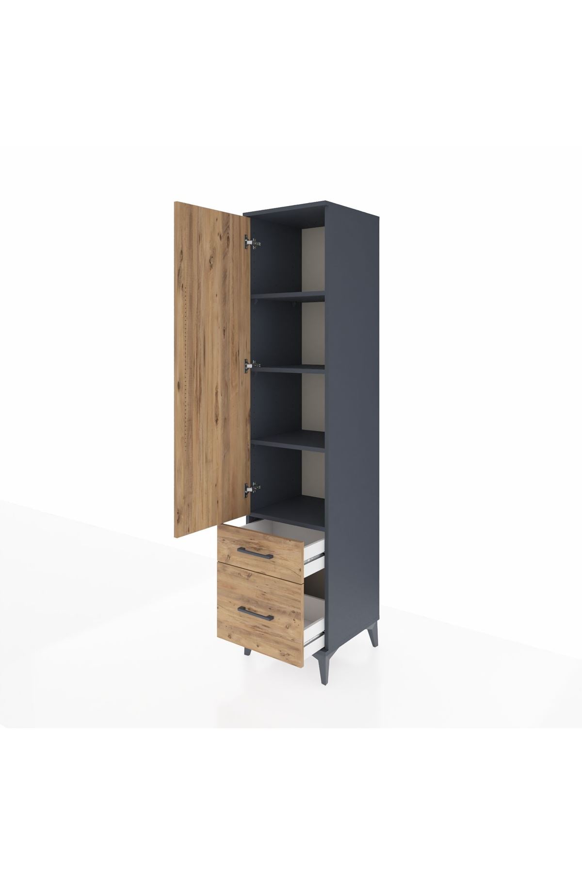 Hyperion Dolap 4 Raflı 2 Çekmeceli Tek Kapaklı 44x44x195 Antrasit-Çam