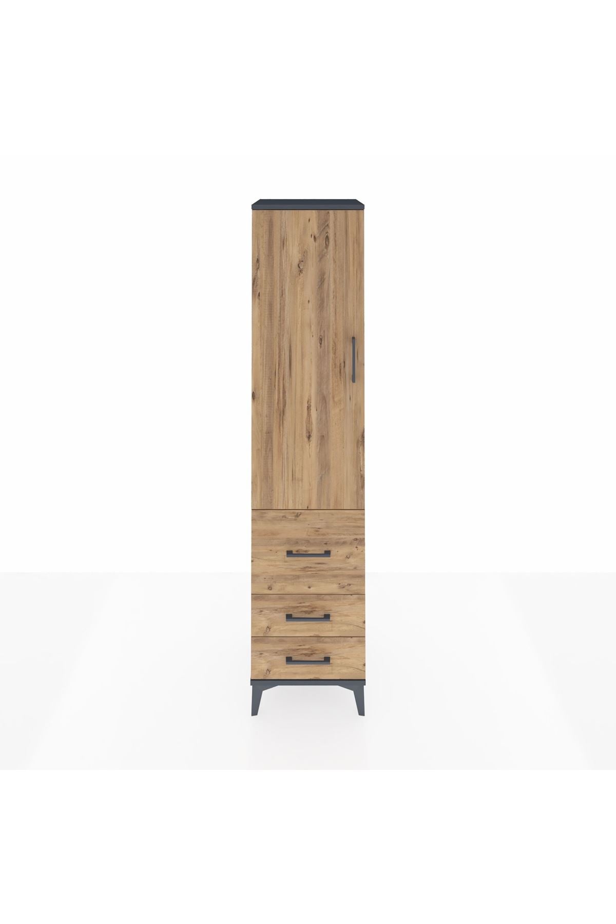 Hyperion Dolap 4 Raflı 3 Çekmeceli Tek Kapaklı 44x44x195 Antrasit-Çam