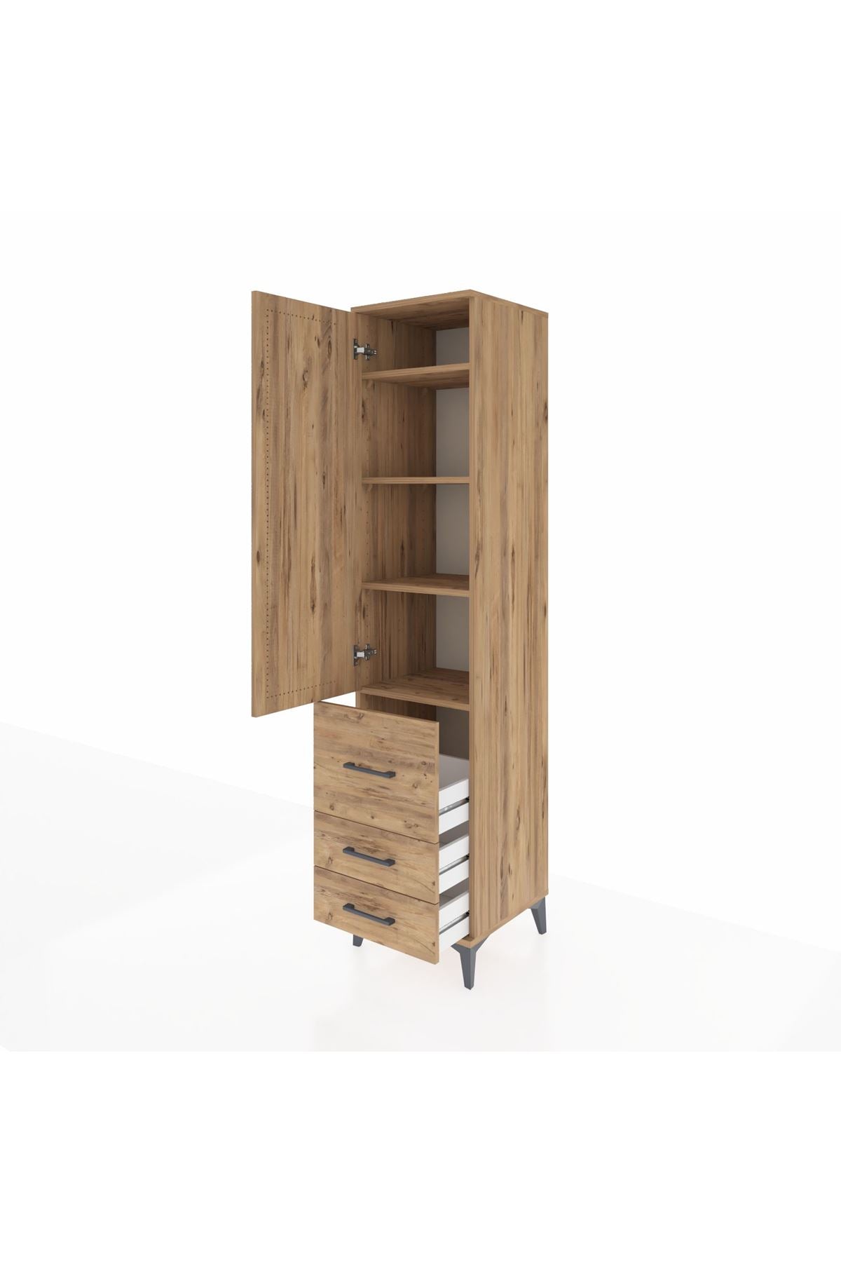 Hyperion Dolap 4 Raflı 3 Çekmeceli Tek Kapaklı 44x44x195 Çam-Çam