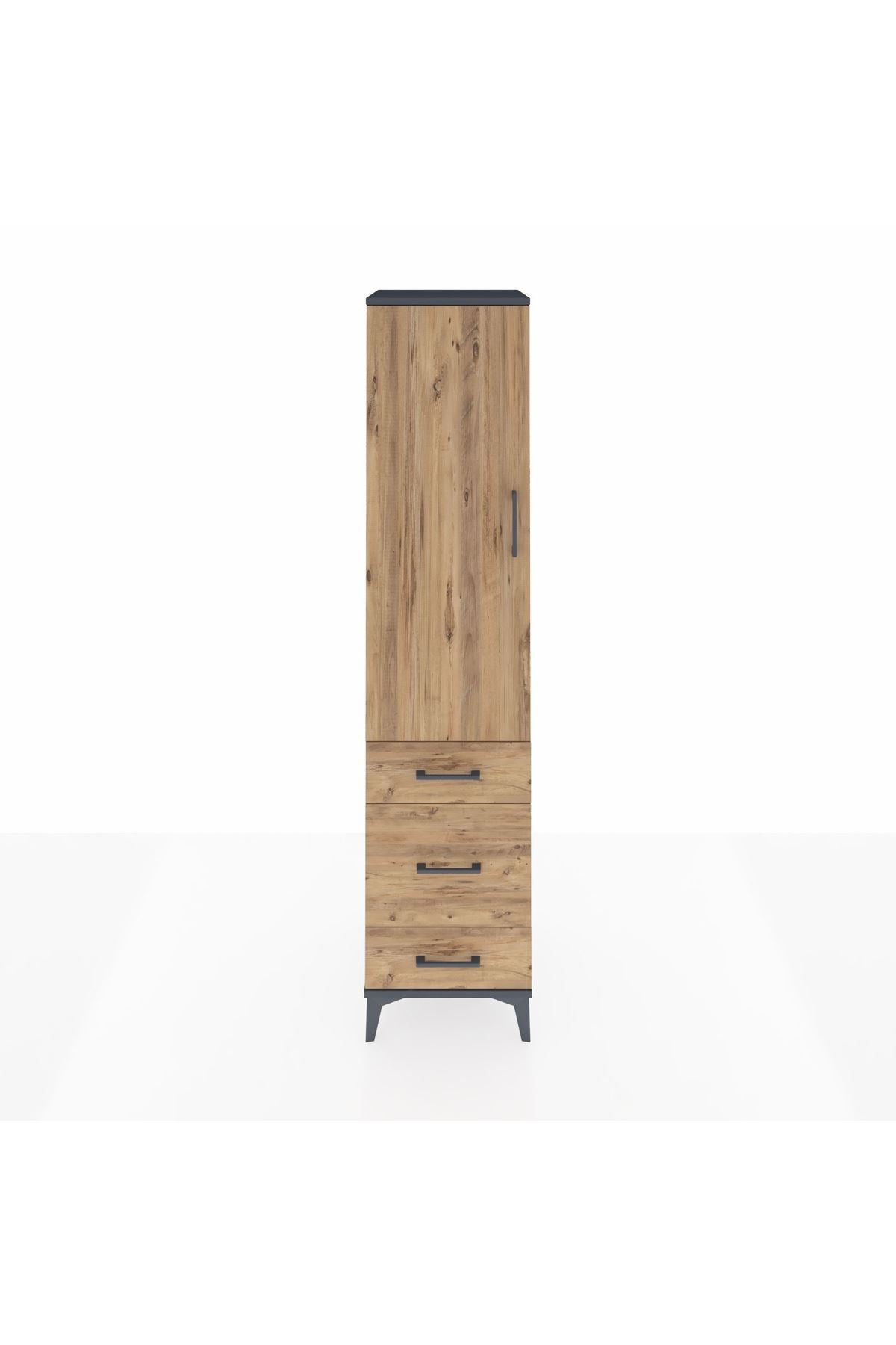 Hyperion Dolap 4 Raflı 3 Çekmeceli Tek Kapaklı 44x44x195 Antrasit-Çam