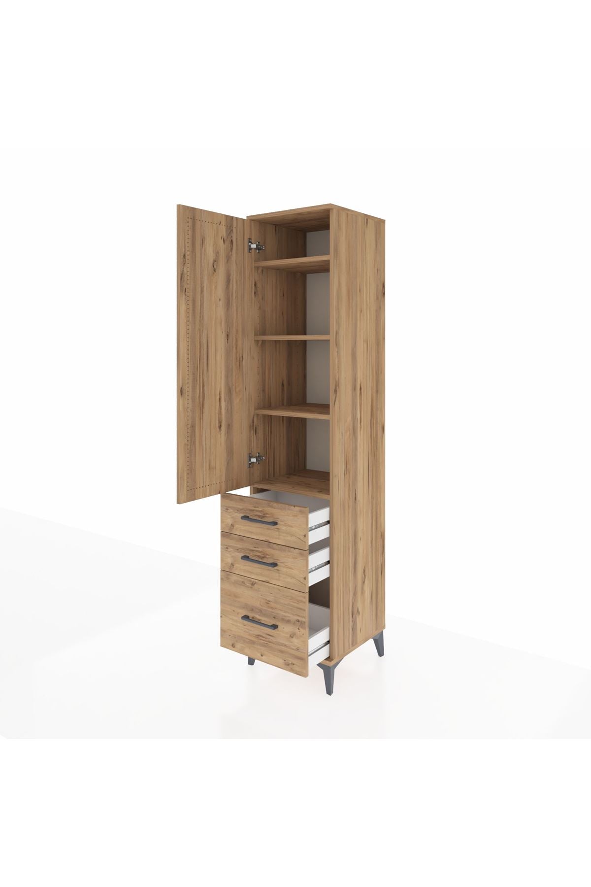 Hyperion Dolap 4 Raflı 3 Çekmeceli Tek Kapaklı 44x44x195 Çam-Çam