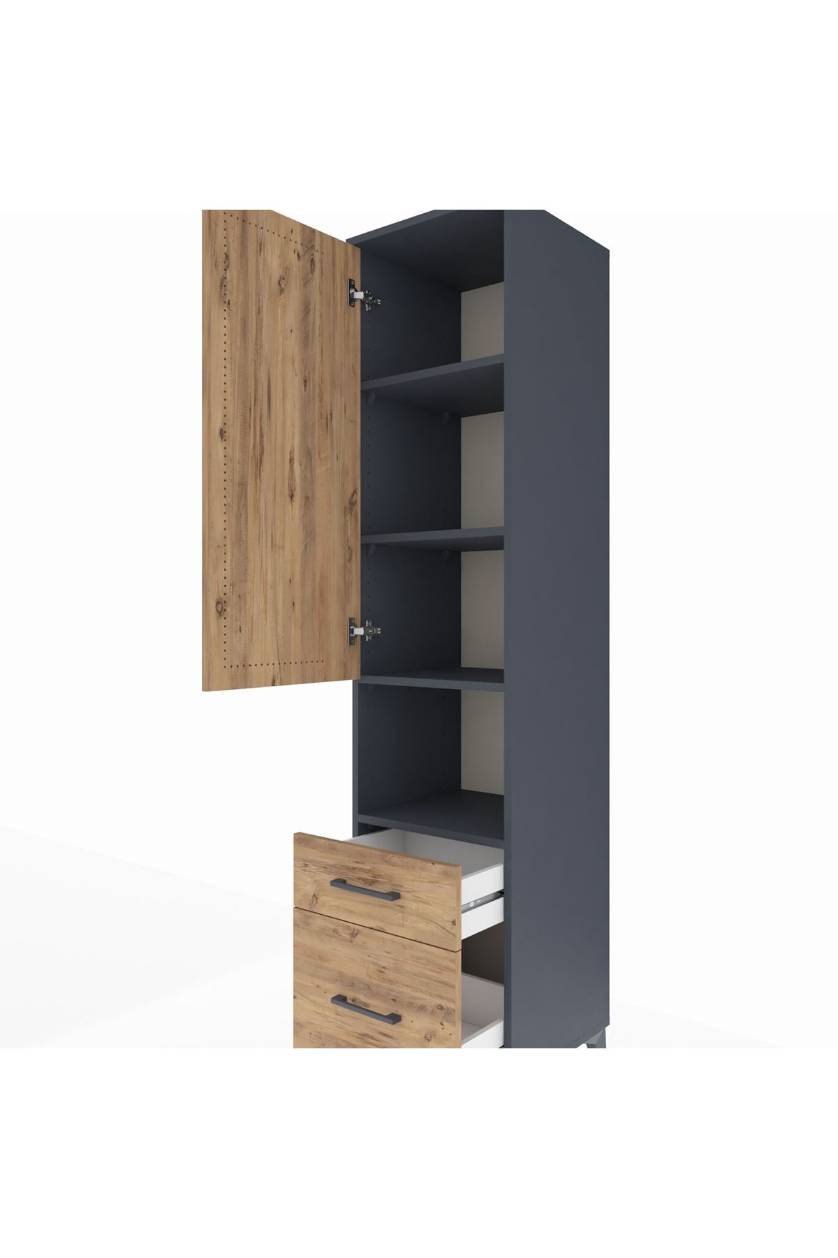 Hyperion Dolap 4 Raflı 2 Çekmeceli Tek Kapaklı 44x44x195 Antrasit-Çam