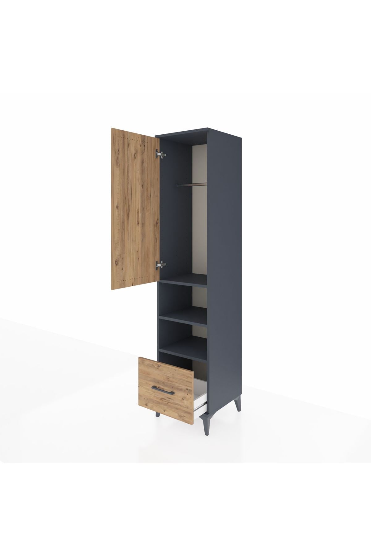 Hyperion Dolap 3 Raflı Tek Çekmeceli Tek Askılı 44x44x195 Antrasit-Çam