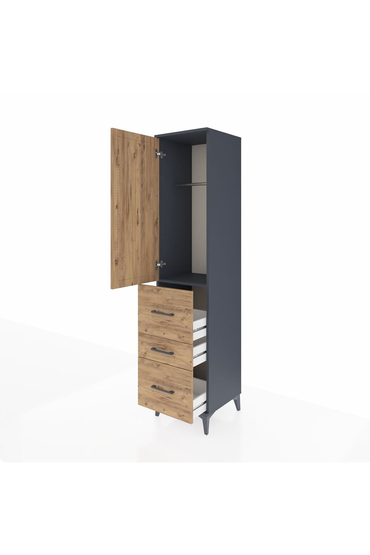 Hyperion Dolap Tek Raflı 3 Çekmeceli Tek Askılı 44x44x195 Antrasit-Çam