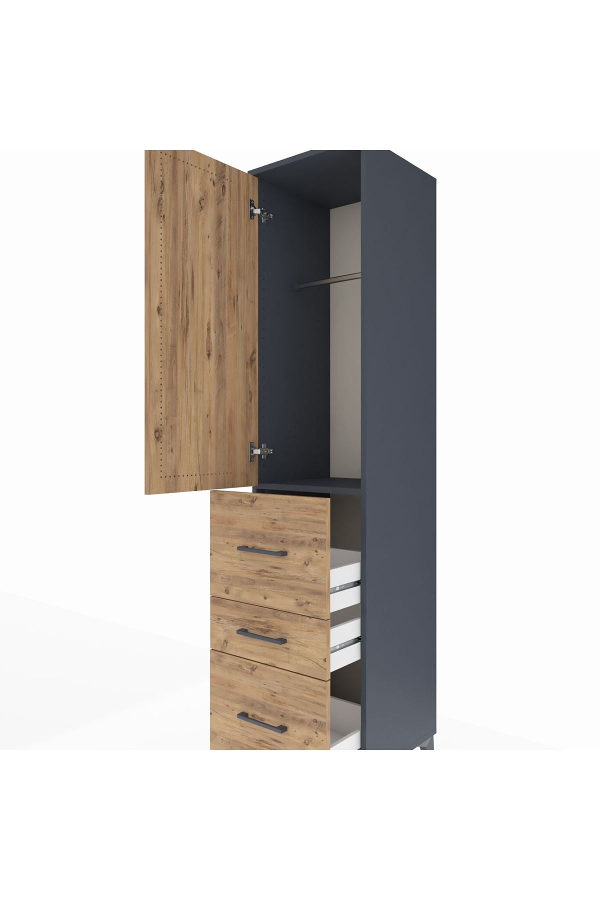 Hyperion Dolap Tek Raflı 3 Çekmeceli Tek Askılı 44x44x195 Antrasit-Çam