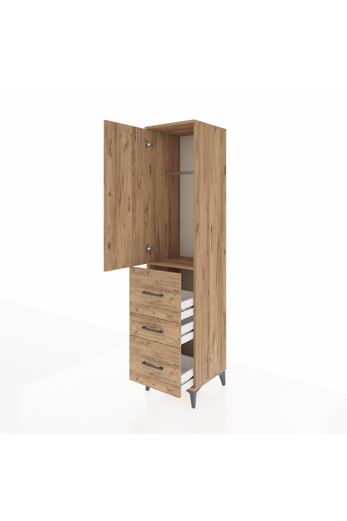 Hyperion Dolap Tek Raflı 3 Çekmeceli Tek Askılı 44x44x195 Çam-Çam