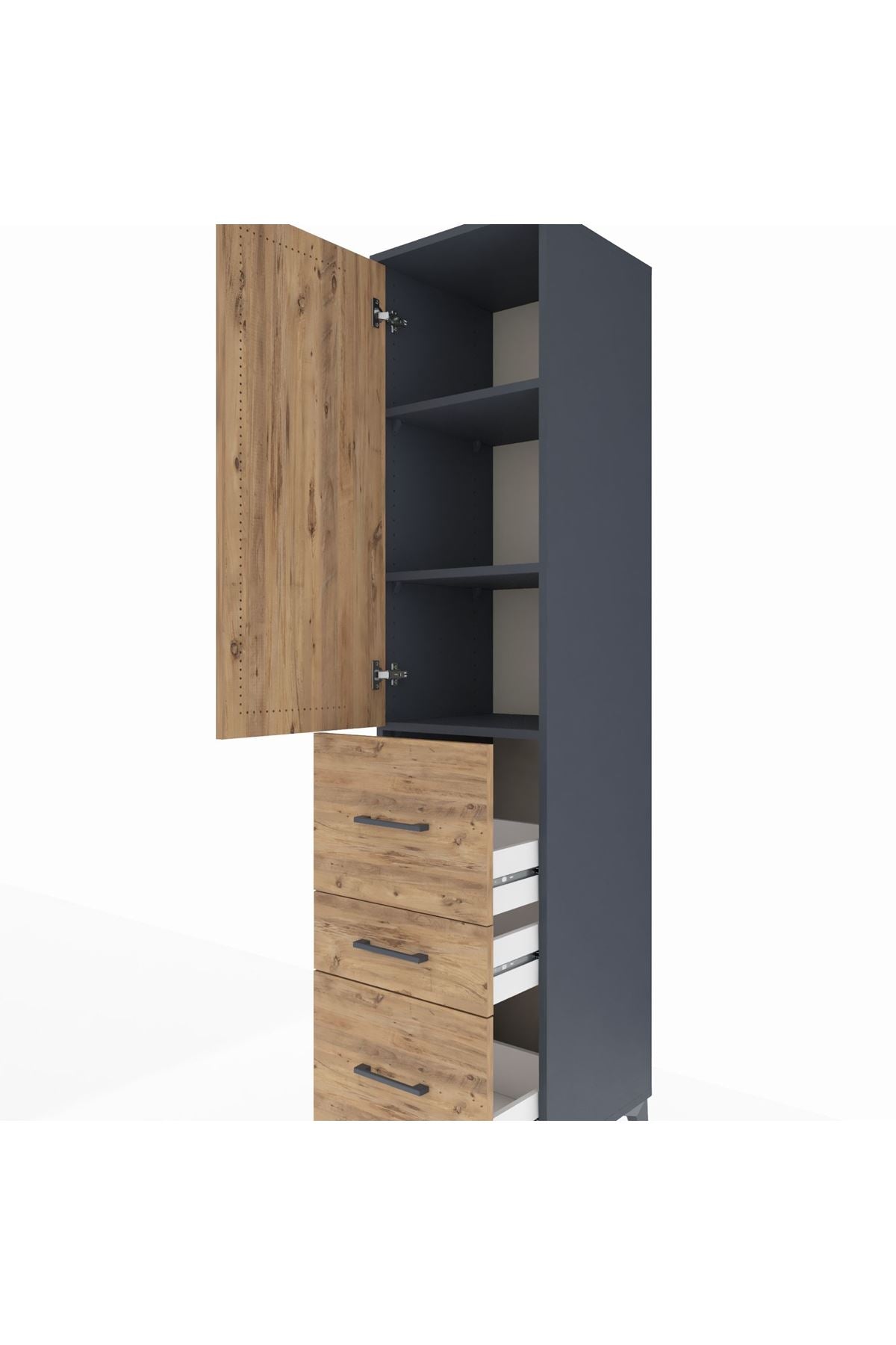 Hyperion Dolap 3 Raflı 3 Çekmeceli Tek Kapaklı 44x44x195 Antrasit-Çam