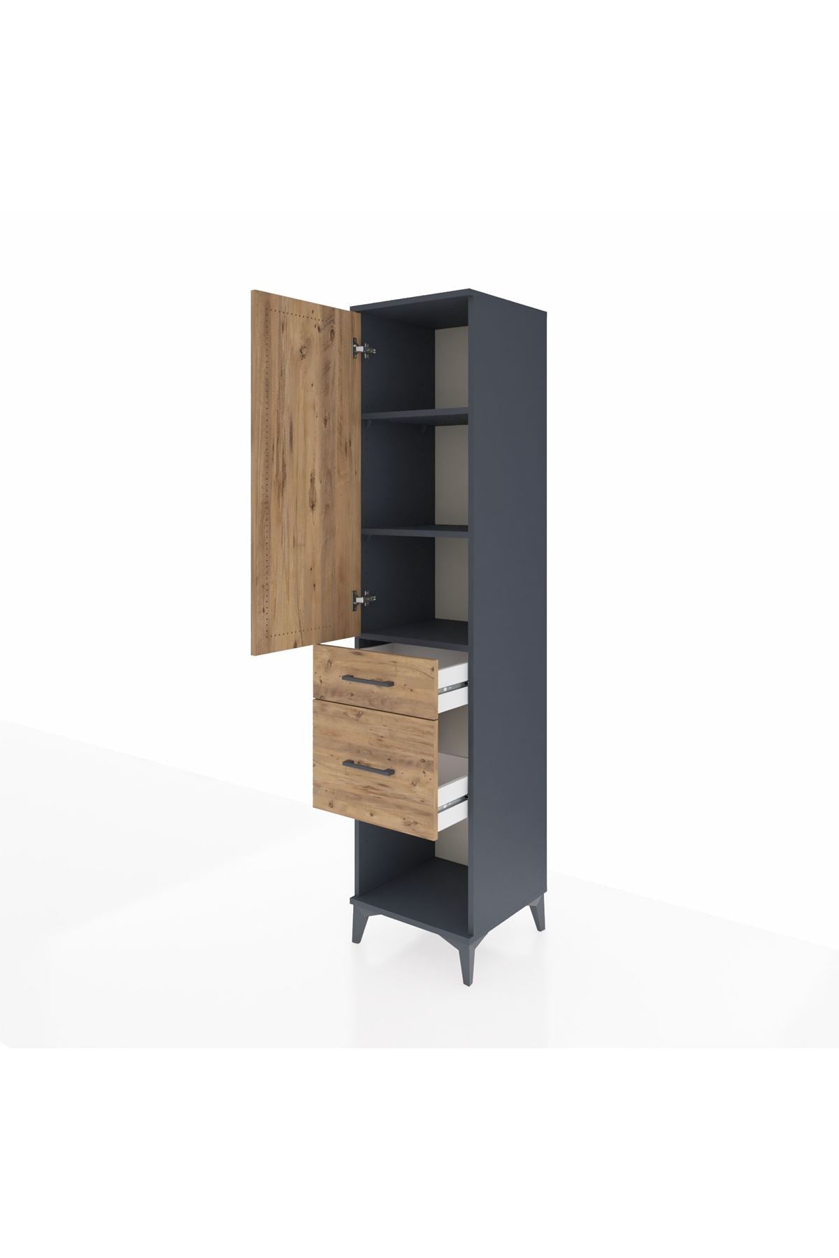 Hyperion Dolap 3 Raflı 2 Çekmeceli Tek Kapaklı 44x44x195 Antrasit-Çam