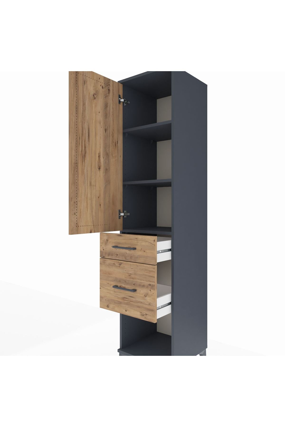 Hyperion Dolap 3 Raflı 2 Çekmeceli Tek Kapaklı 44x44x195 Antrasit-Çam