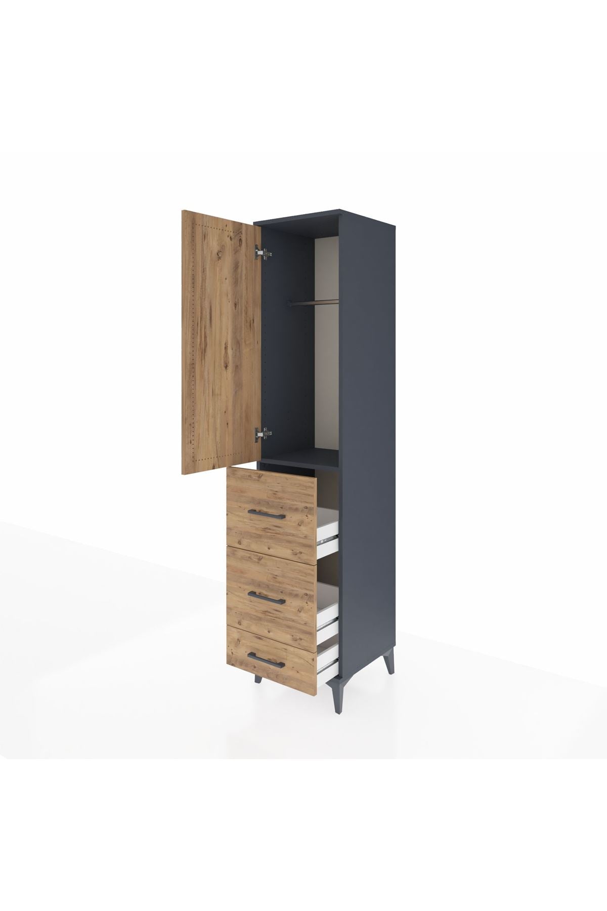 Hyperion Dolap Tek Raflı 3 Çekmeceli Tek Askılı 44x44x195 Antrasit-Çam