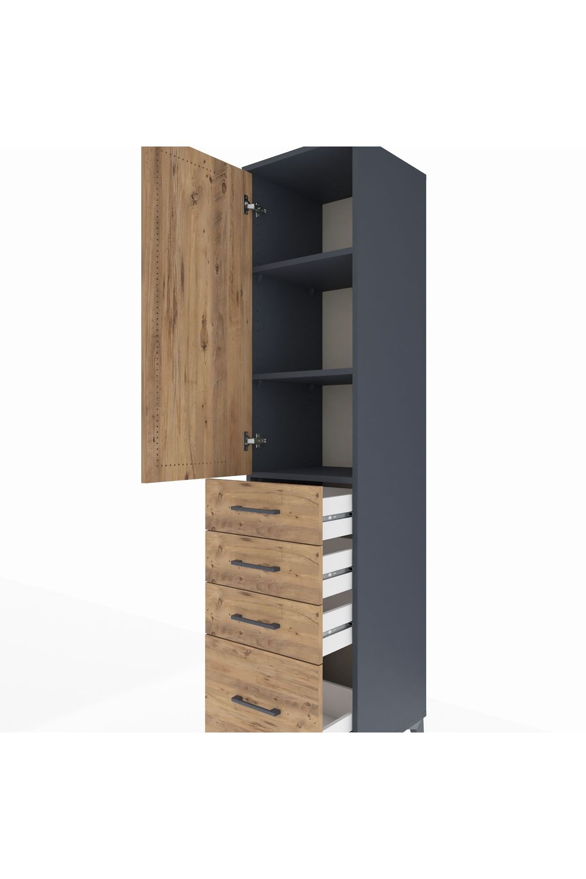 Hyperion Dolap 3 Raflı 4 Çekmeceli Tek Kapaklı 44x44x195 Antrasit-Çam