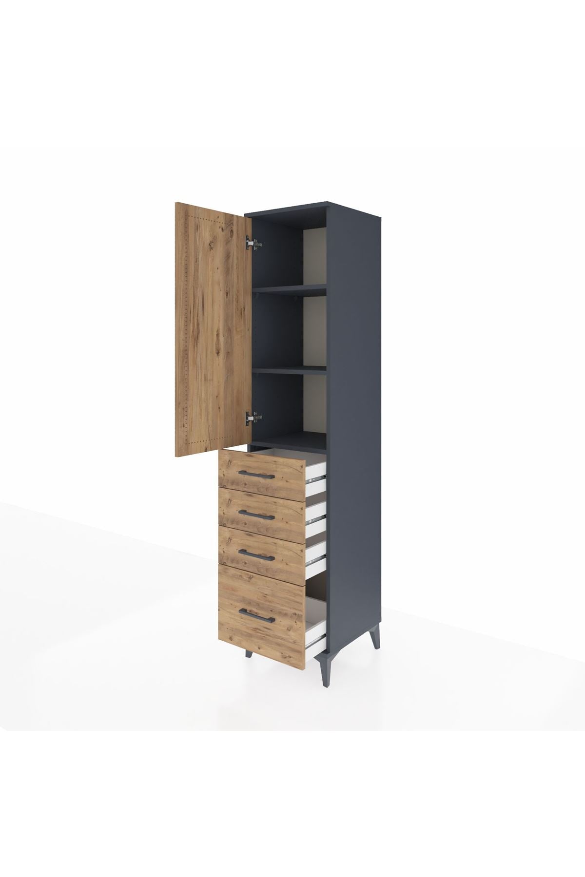 Hyperion Dolap 3 Raflı 4 Çekmeceli Tek Kapaklı 44x44x195 Antrasit-Çam