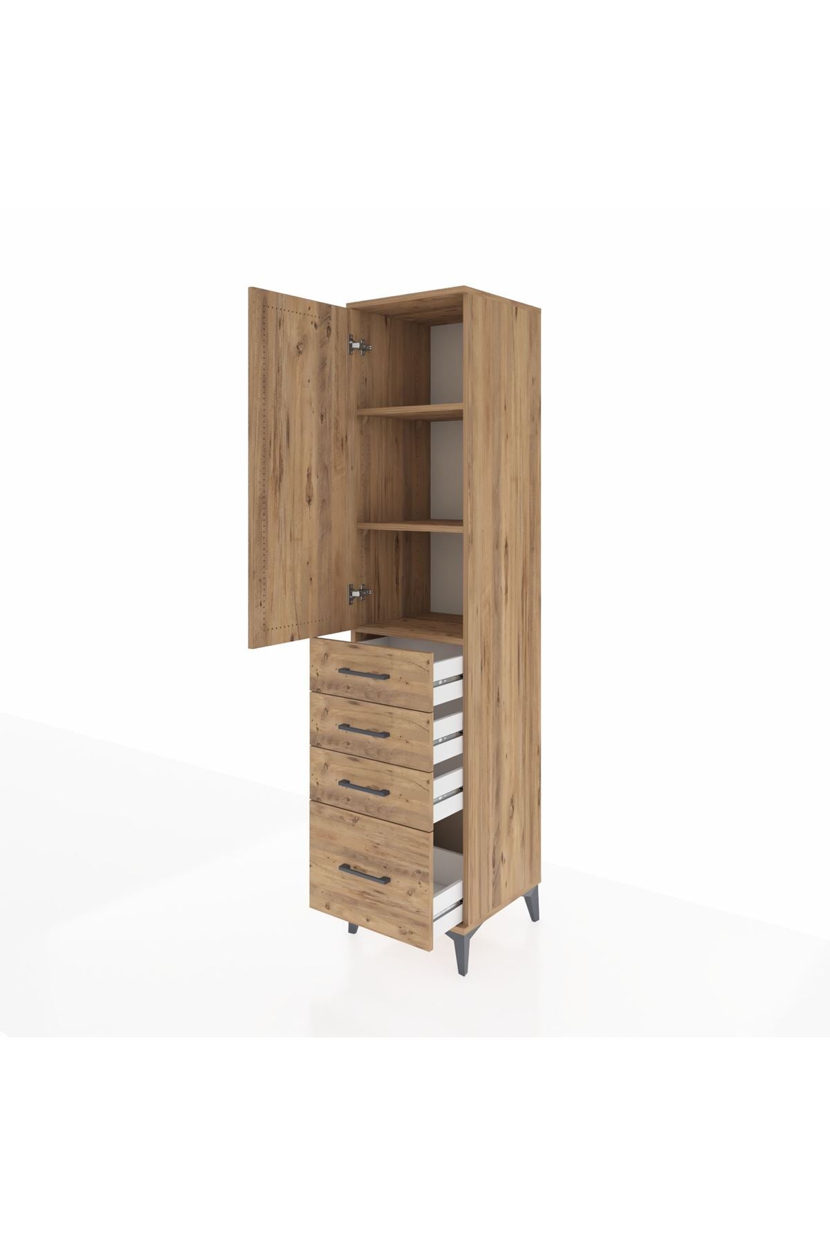 Hyperion Dolap 3 Raflı 4 Çekmeceli Tek Kapaklı 44x44x195 Çam-Çam