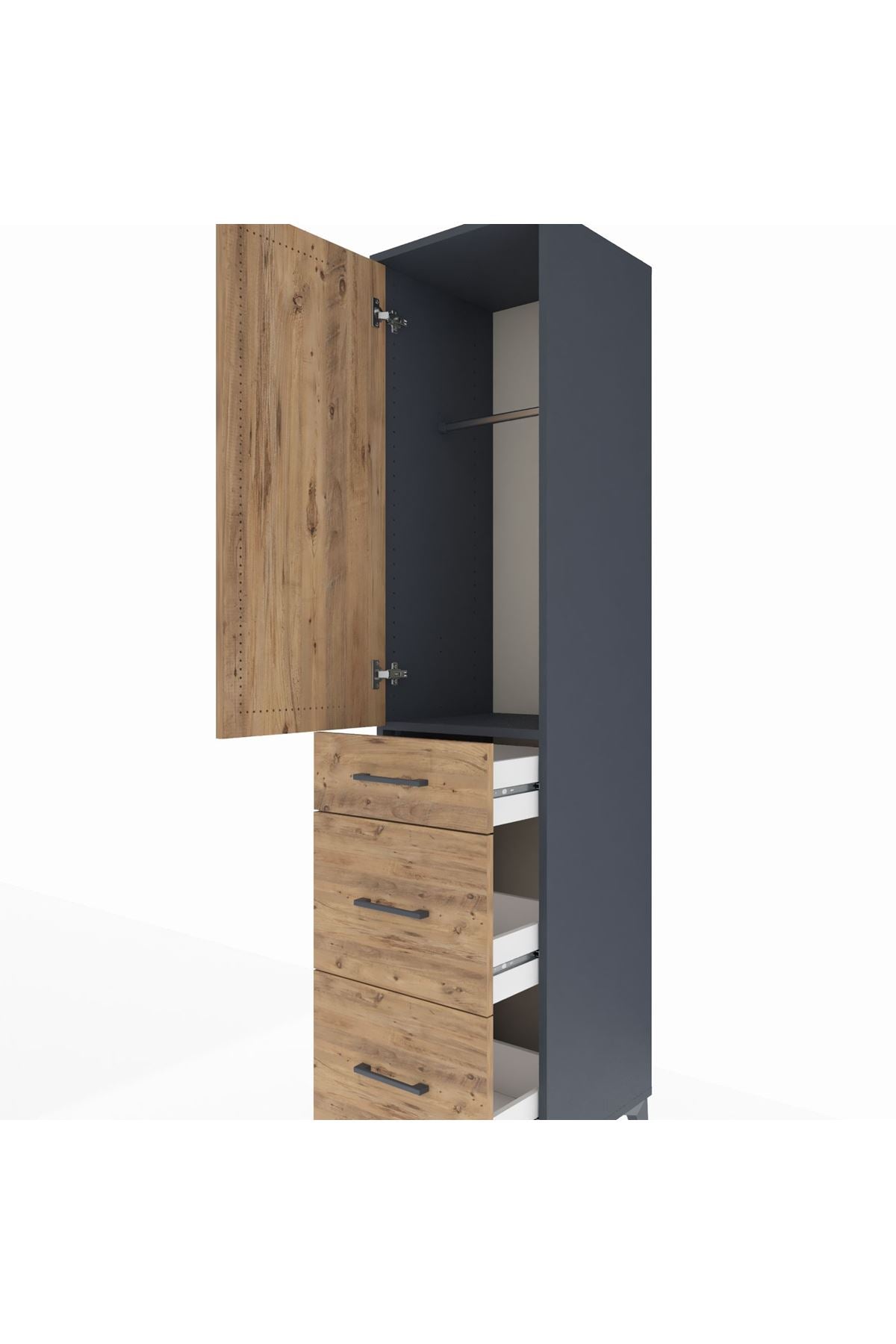 Hyperion Dolap Tek Raflı 3 Çekmeceli Tek Askılı 44x44x195 Antrasit-Çam