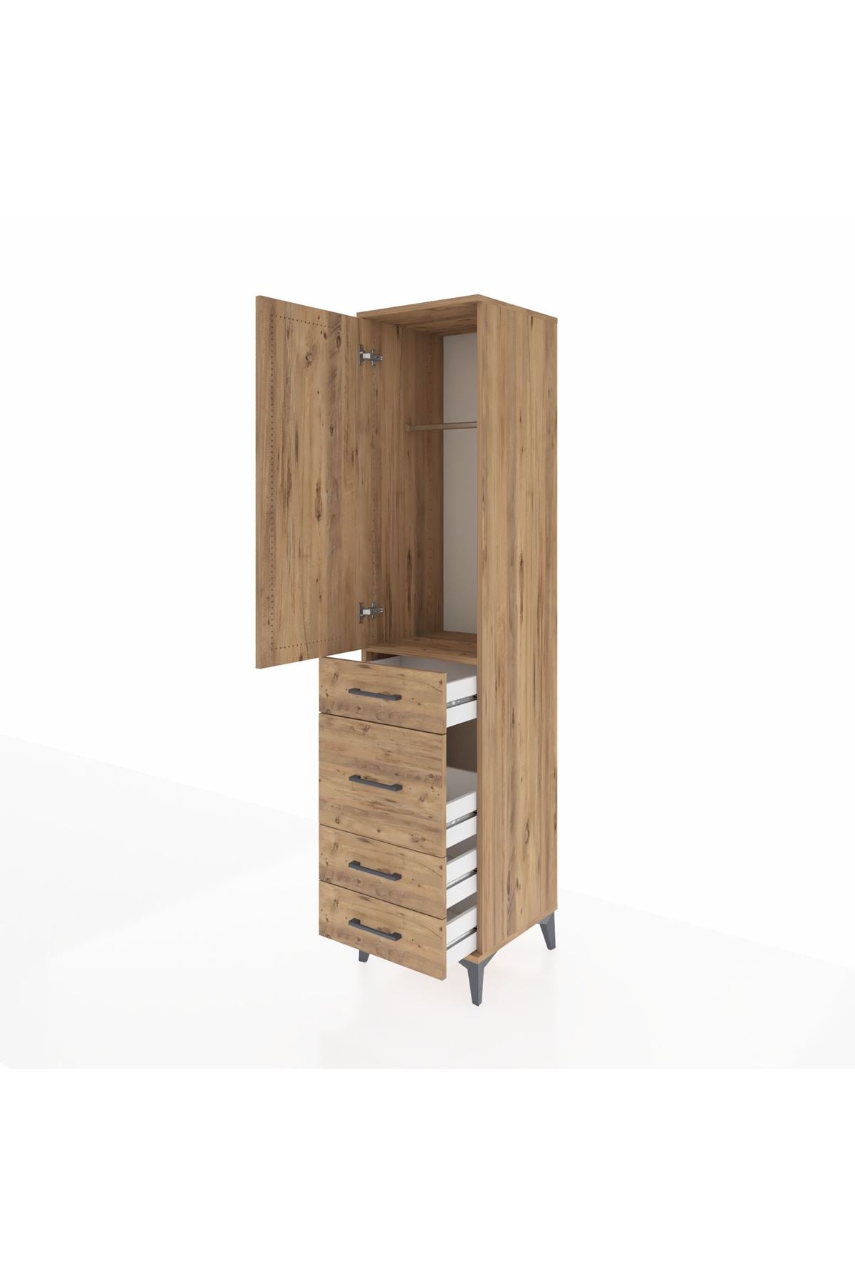 Hyperion Dolap Tek Raflı 4 Çekmeceli Tek Askılı 44x44x195 Çam-Çam