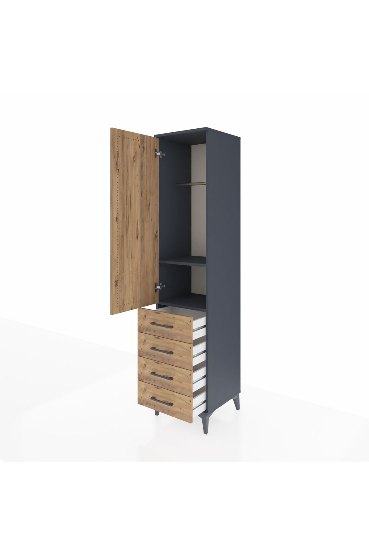 Hyperion Dolap 2 Raflı 4 Çekmeceli Tek Askılı 44x44x195 Antrasit-Çam