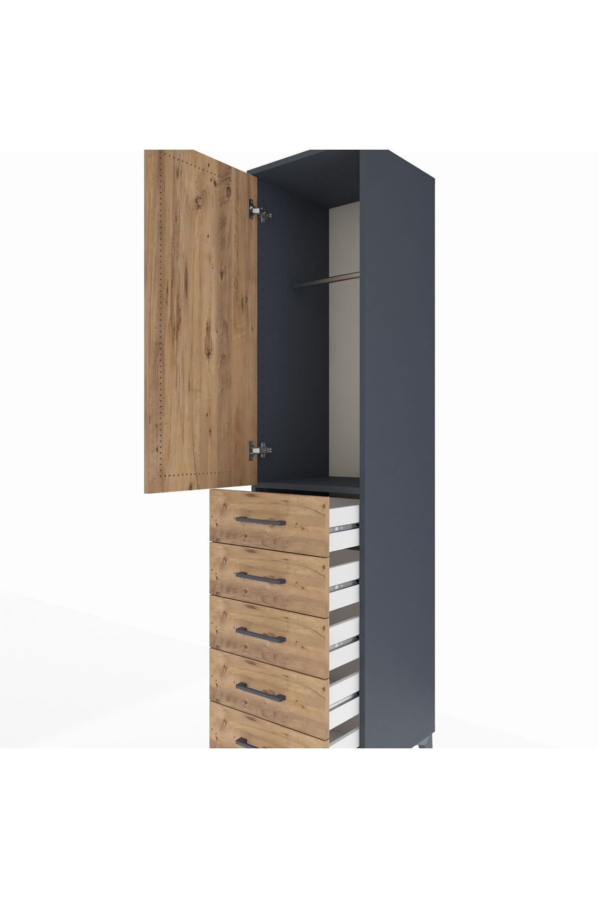 Hyperion Dolap Tek Raflı 5 Çekmeceli Tek Askılı 44x44x195 Antrasit-Çam