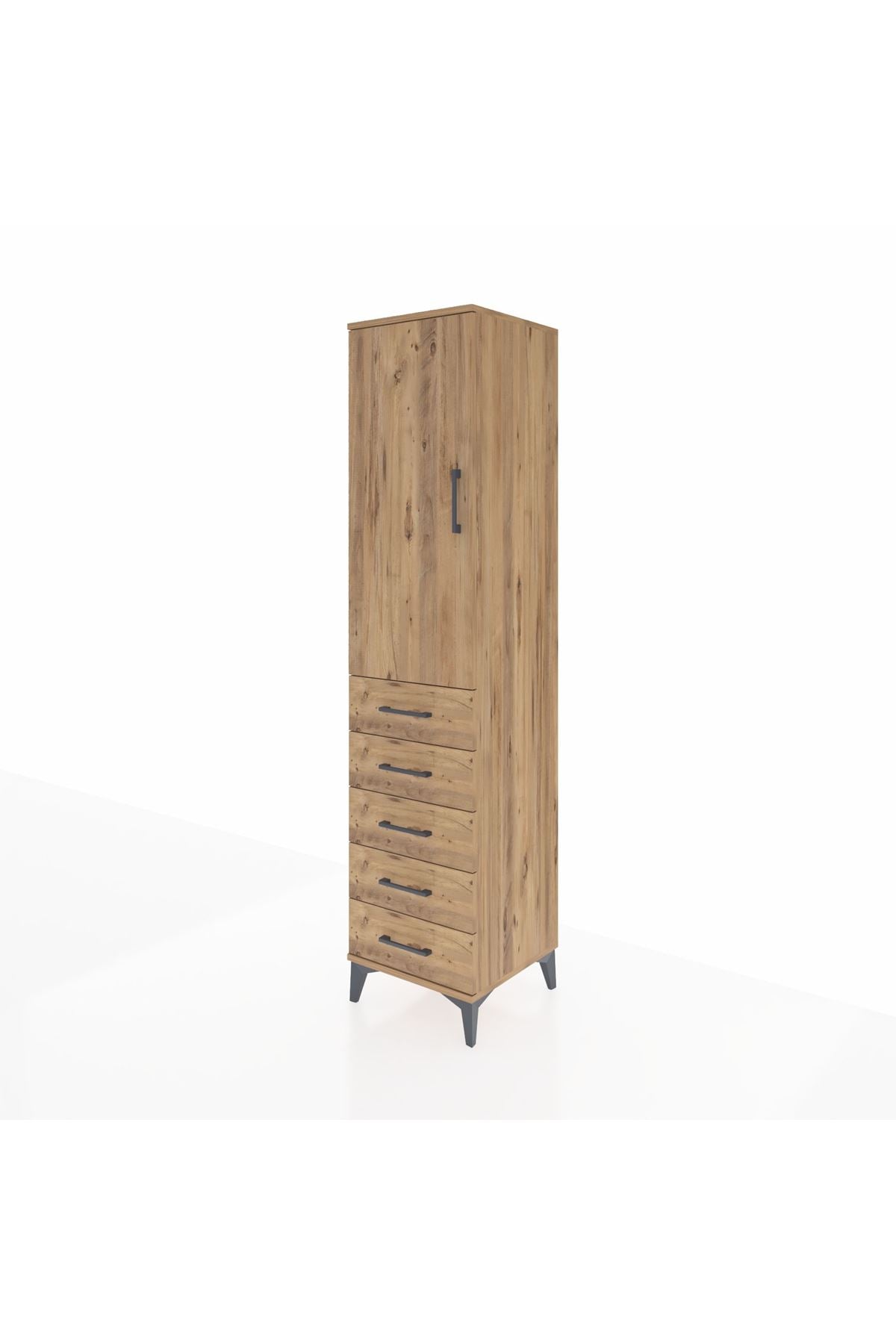 Hyperion Dolap Tek Raflı 5 Çekmeceli Tek Askılı 44x44x195 Çam-Çam