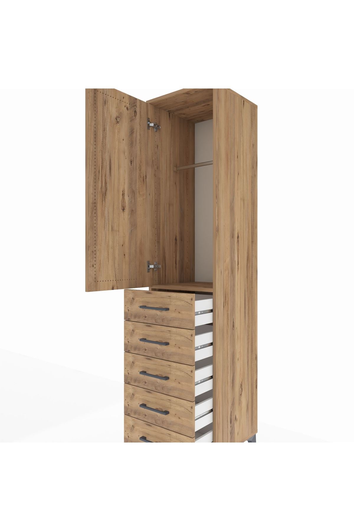 Hyperion Dolap Tek Raflı 5 Çekmeceli Tek Askılı 44x44x195 Çam-Çam