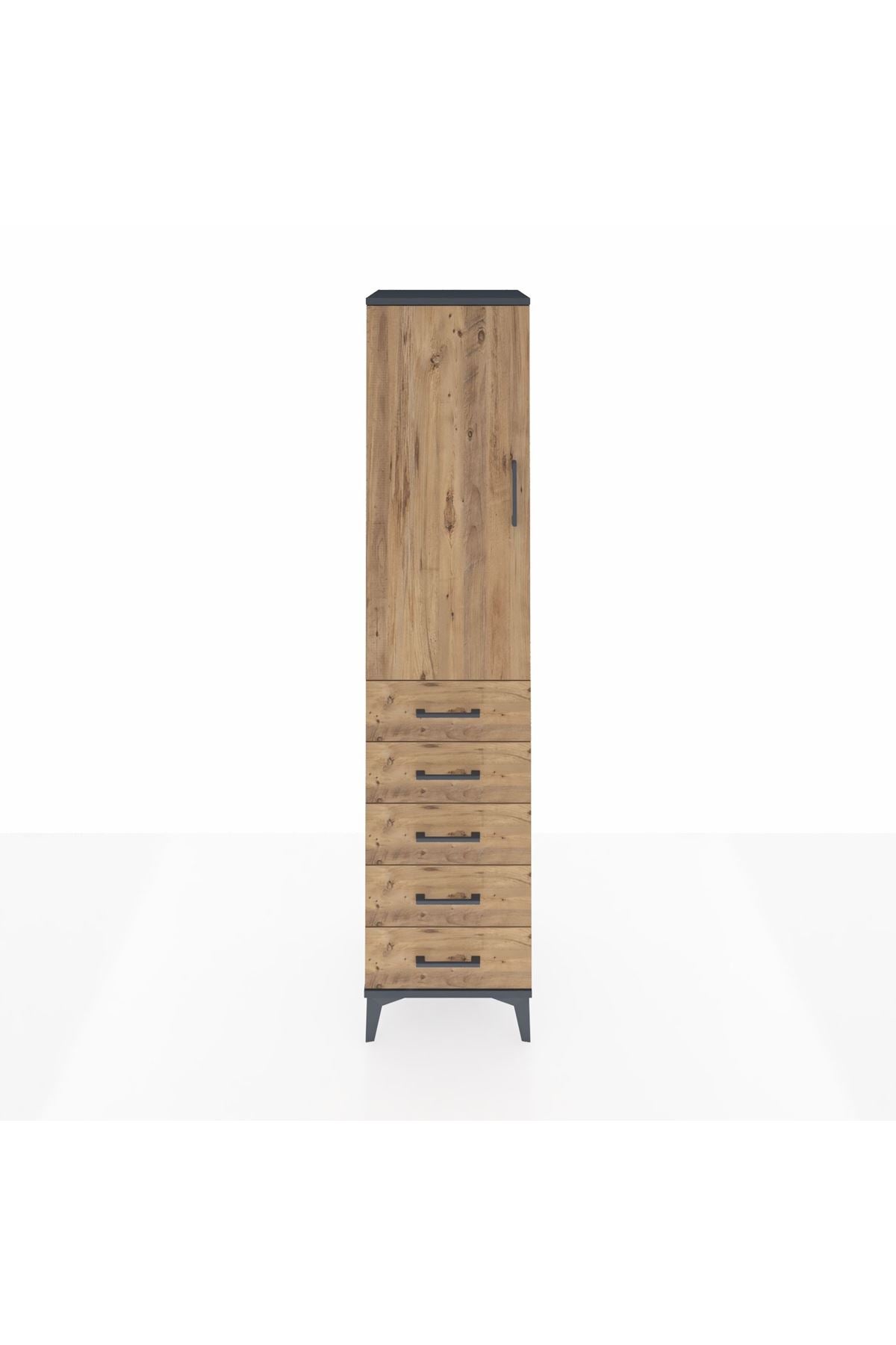 Hyperion Dolap 3 Raflı 5 Çekmeceli Tek Kapaklı 44x44x195 Antrasit-Çam