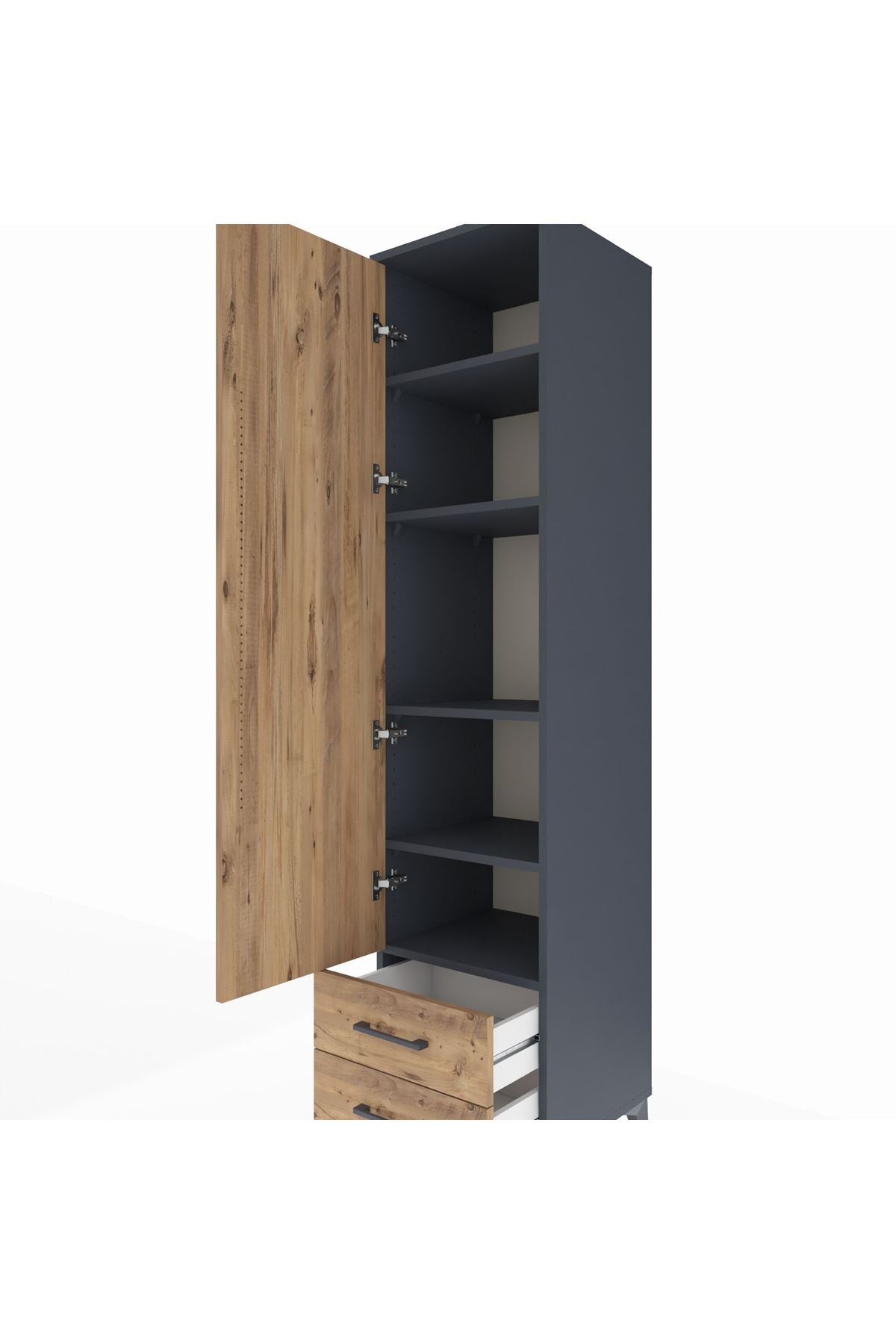 Hyperion Dolap 5 Raflı 2 Çekmeceli Tek Kapaklı 44x44x195 Antrasit-Çam