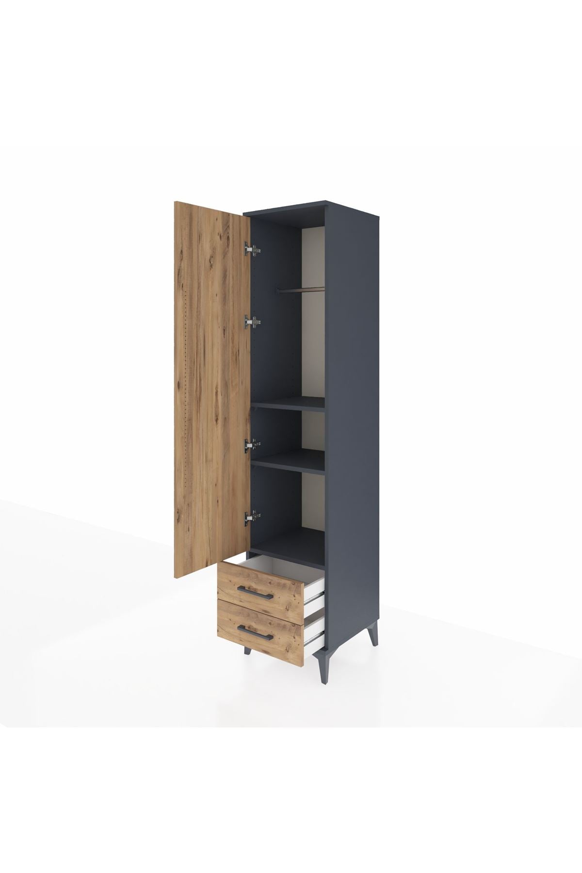 Hyperion Dolap 3 Raflı 2 Çekmeceli Tek Askılı 44x44x195 Antrasit-Çam