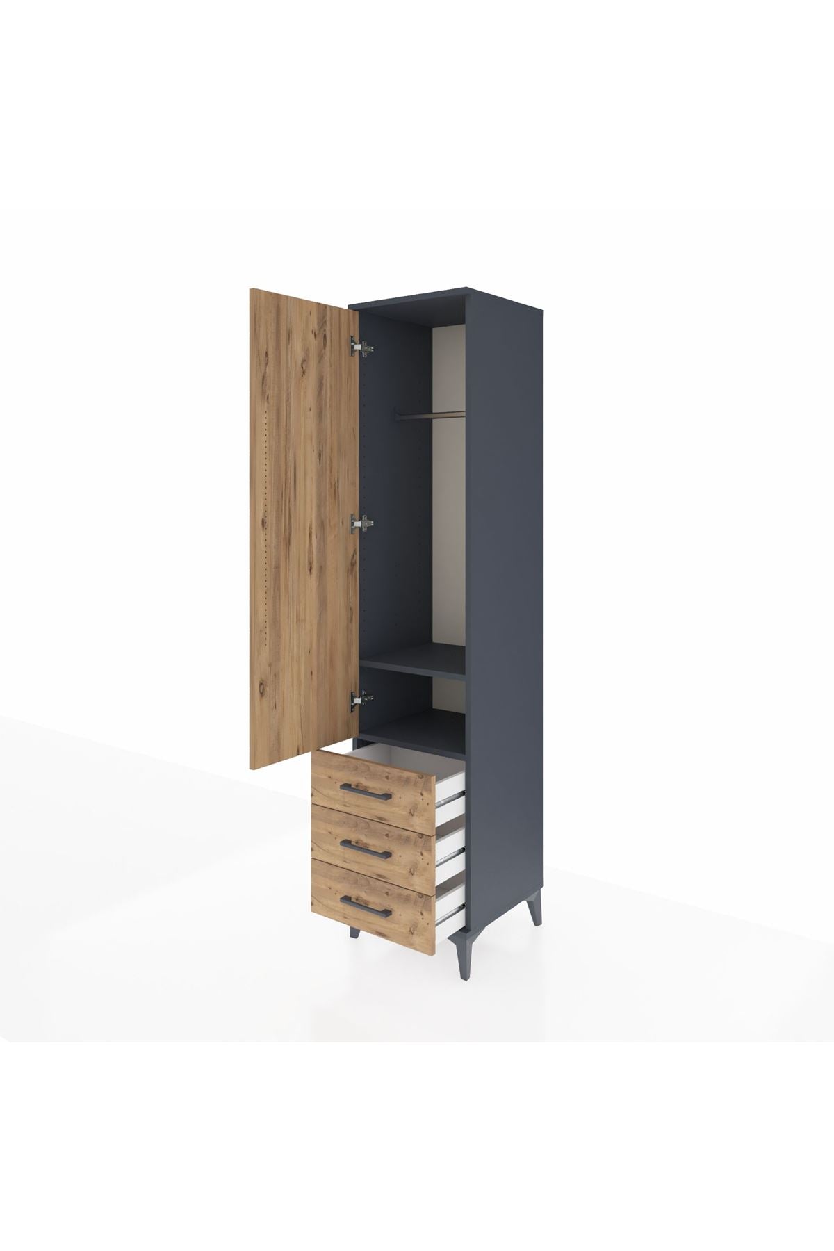 Hyperion Dolap 2 Raflı 3 Çekmeceli Tek Askılı 44x44x195 Antrasit-Çam