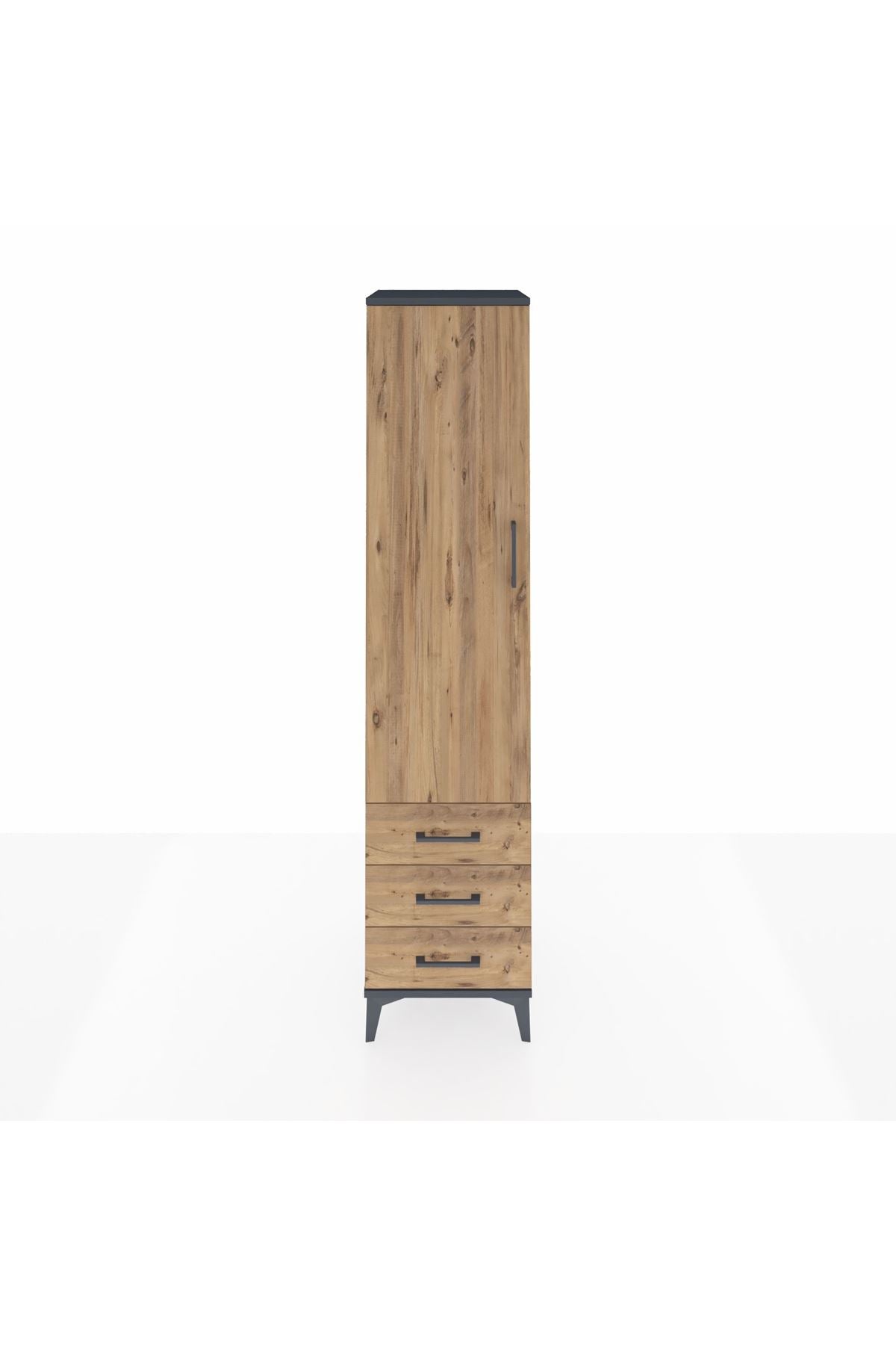 Hyperion Dolap 4 Raflı 3 Çekmeceli Tek Kapaklı 44x44x195 Antrasit-Çam