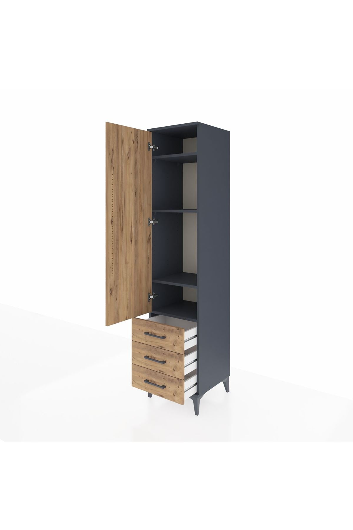 Hyperion Dolap 4 Raflı 3 Çekmeceli Tek Kapaklı 44x44x195 Antrasit-Çam