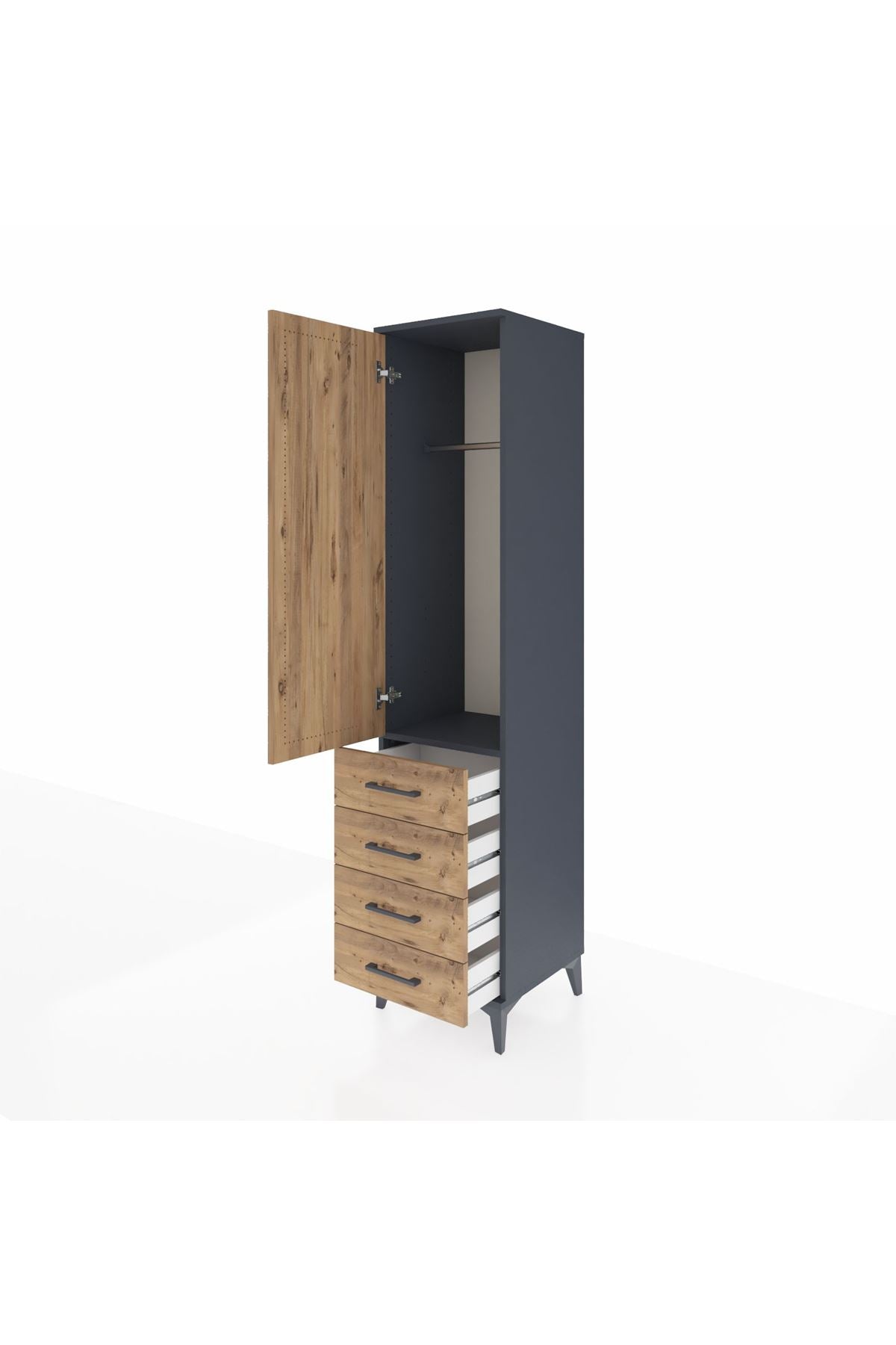 Hyperion Dolap Tek Raflı 4 Çekmeceli Tek Askılı 44x44x195 Antrasit-Çam