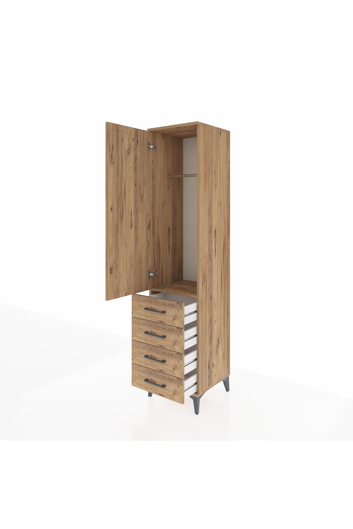 Hyperion Dolap Tek Raflı 4 Çekmeceli Tek Askılı 44x44x195 Çam-Çam
