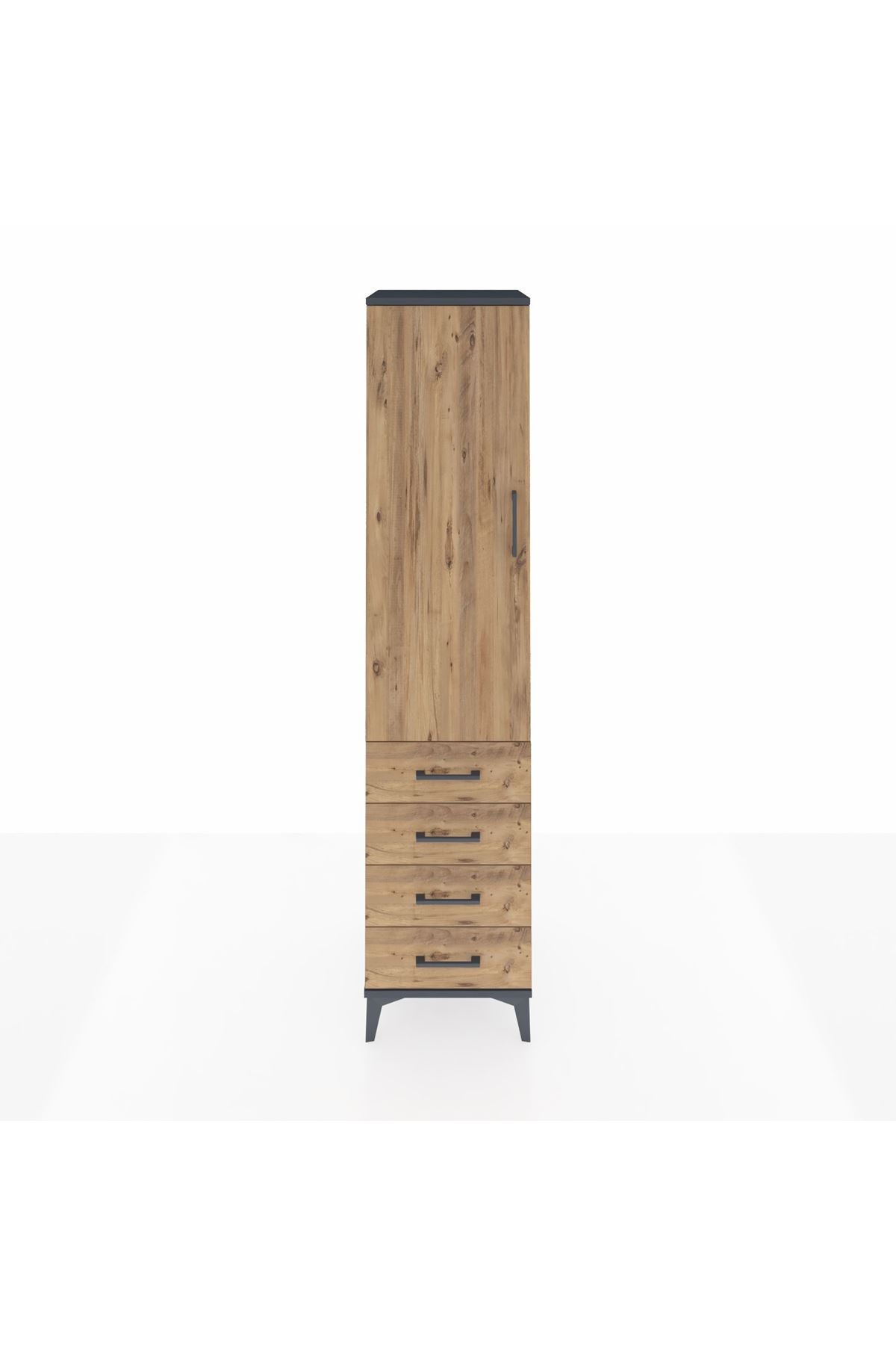 Hyperion Dolap 3 Raflı 4 Çekmeceli Tek Kapaklı 44x44x195 Antrasit-Çam