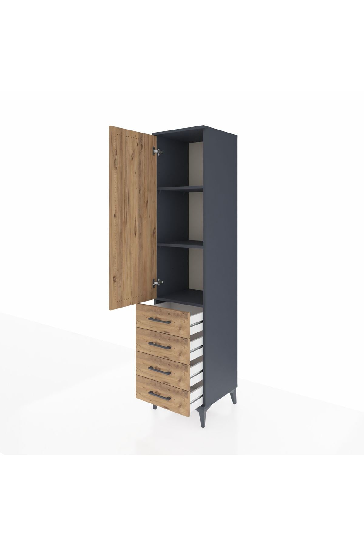 Hyperion Dolap 3 Raflı 4 Çekmeceli Tek Kapaklı 44x44x195 Antrasit-Çam