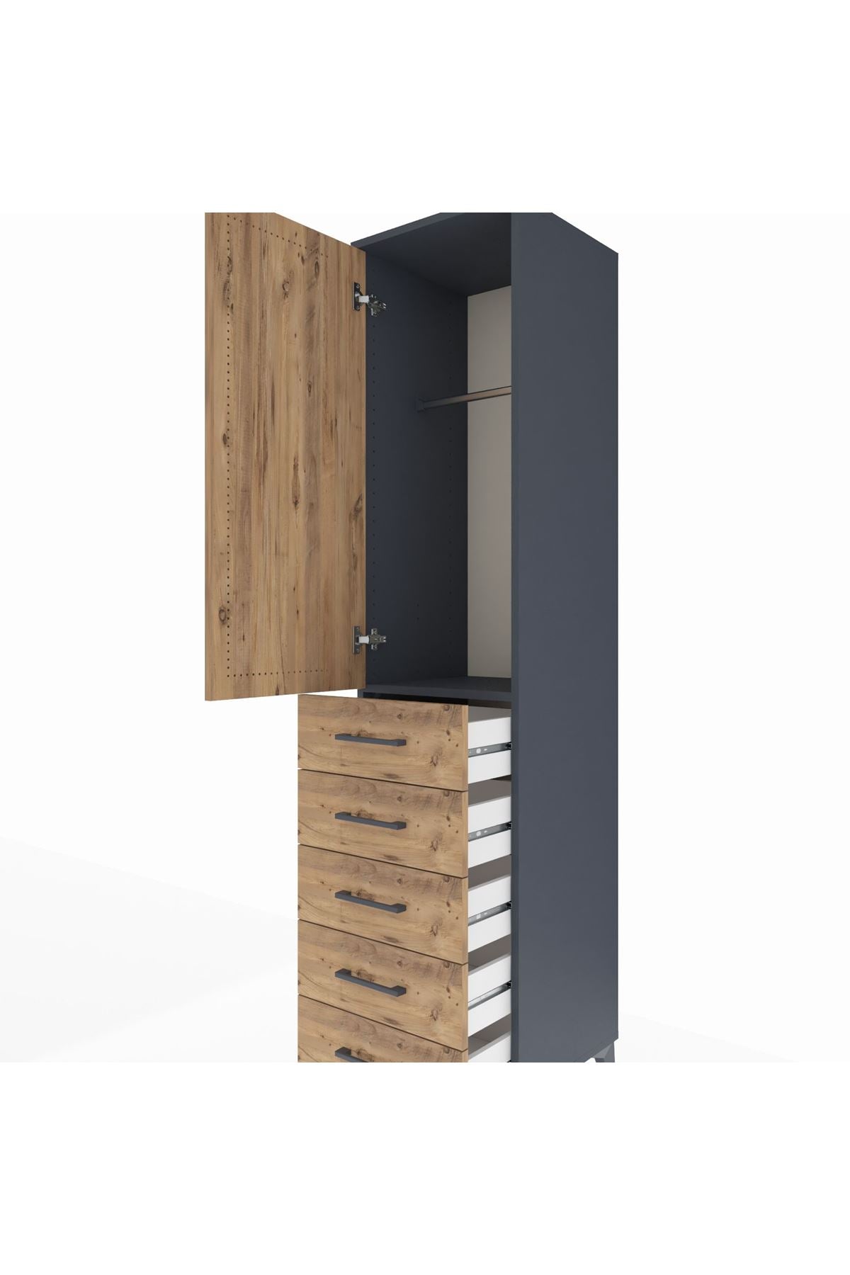 Hyperion Dolap Tek Raflı 5 Çekmeceli Tek Askılı 44x44x195 Antrasit-Çam