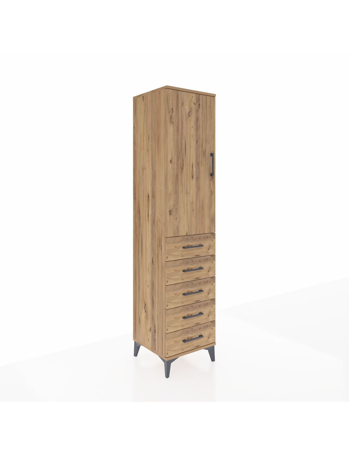 Hyperion Dolap Tek Raflı 5 Çekmeceli Tek Askılı 44x44x195 Çam-Çam