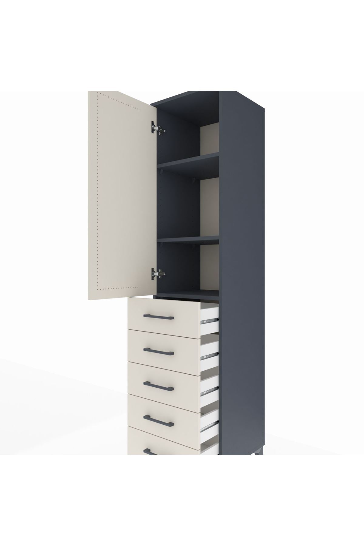 Hyperion Dolap 3 Raflı 5 Çekmeceli Tek Kapaklı 44x44x195 Antrasit-Aytaşı