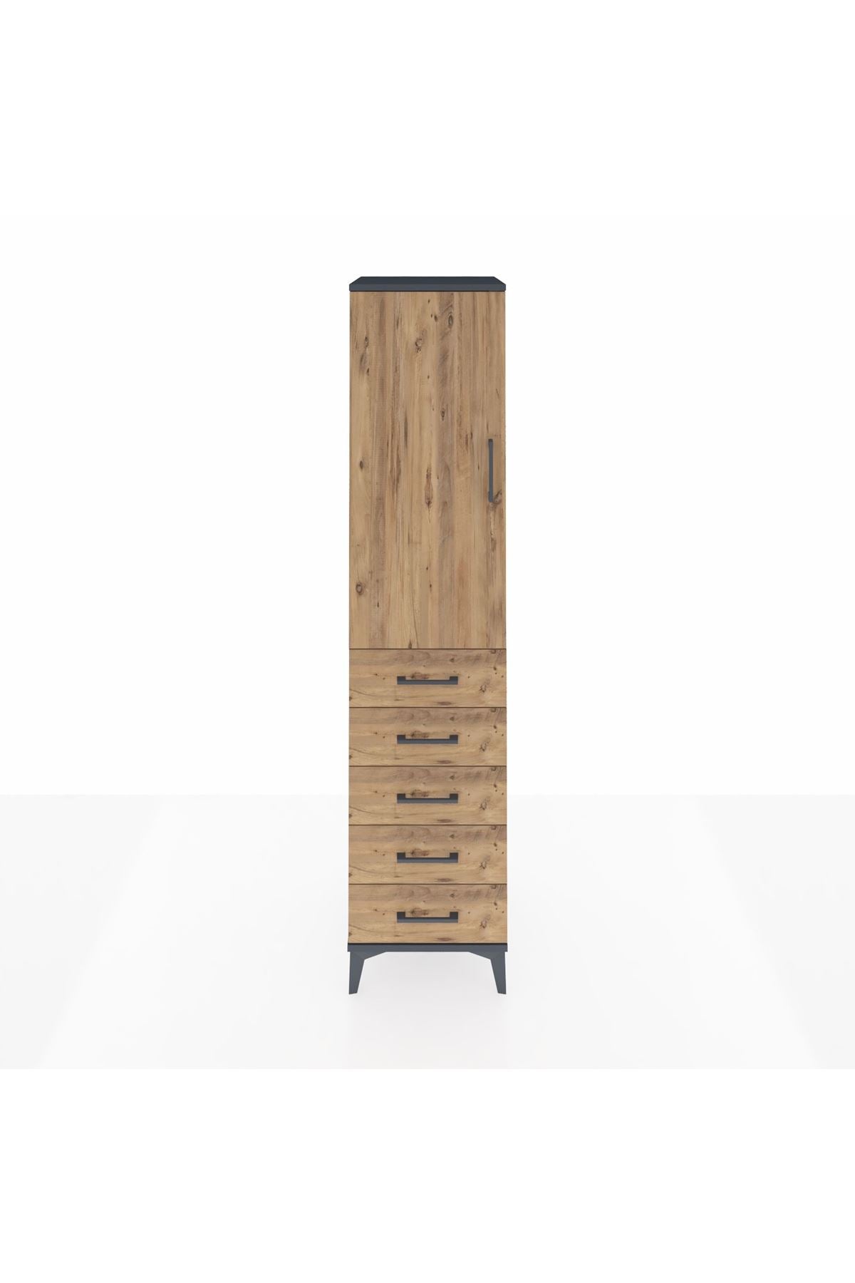 Hyperion Dolap 3 Raflı 5 Çekmeceli Tek Kapaklı 44x44x195 Antrasit-Çam