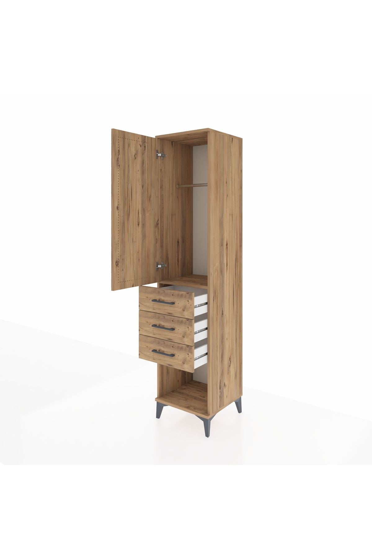 Hyperion Dolap Tek Raflı 3 Çekmeceli Tek Askılı 44x44x195 Çam-Çam