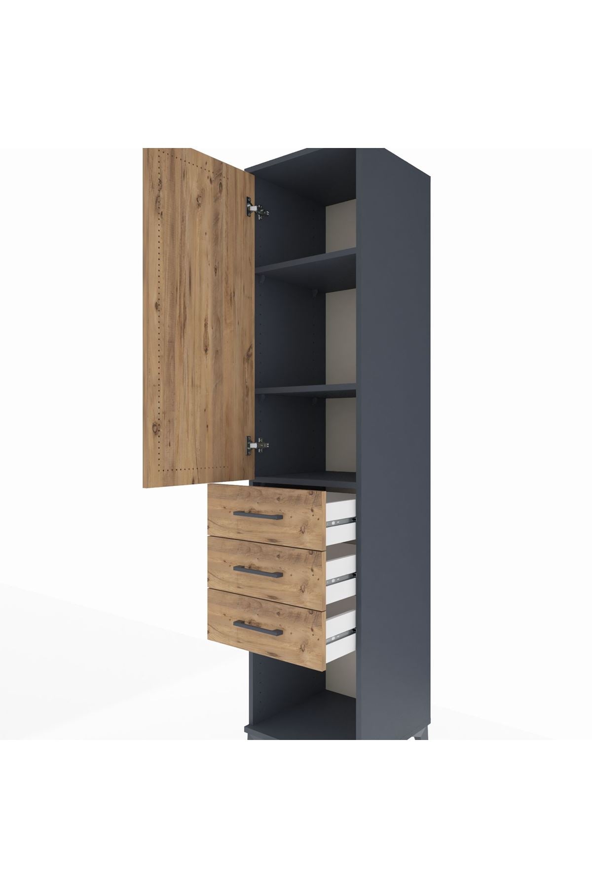 Hyperion Dolap 3 Raflı 3 Çekmeceli Tek Kapaklı 44x44x195 Antrasit-Çam