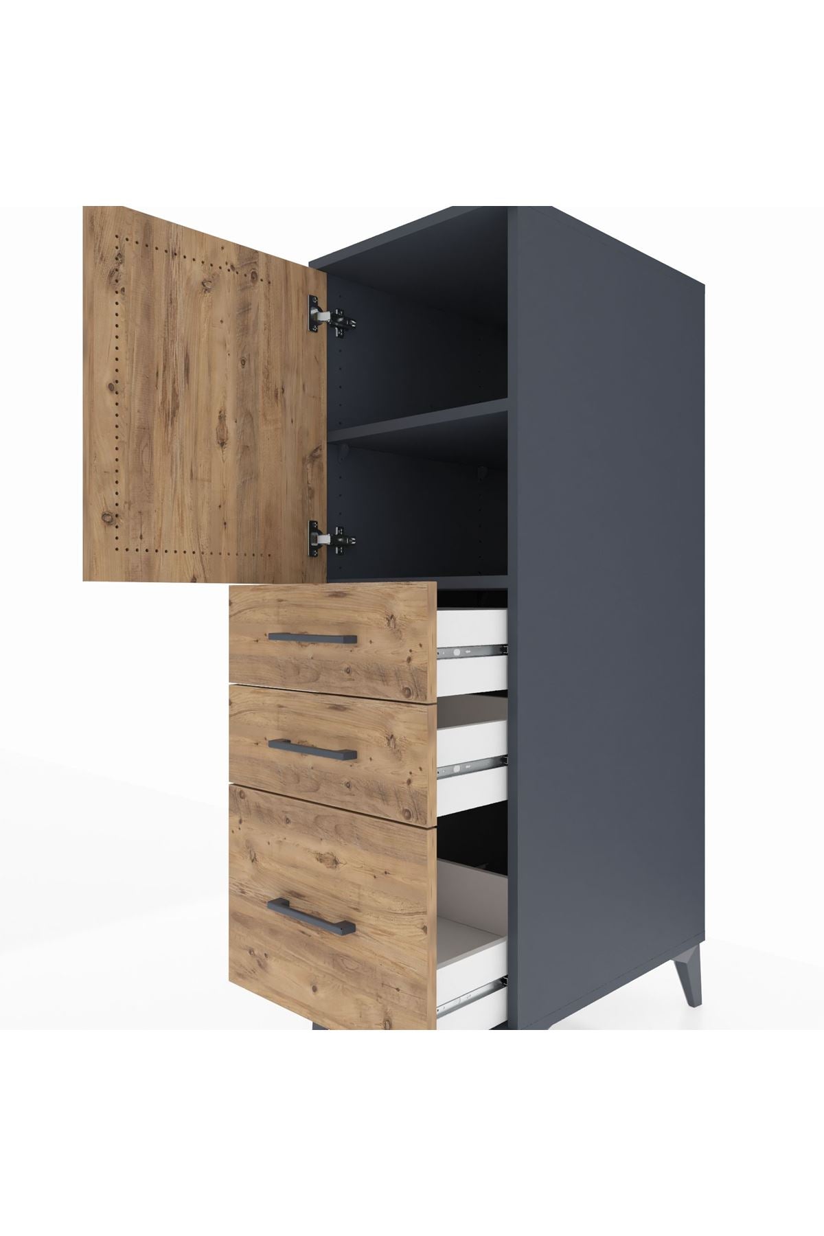 Kronos Dolap 2 Raflı 3 Çekmeceli Tek Kapaklı 44x59x134 Antrasit-Çam