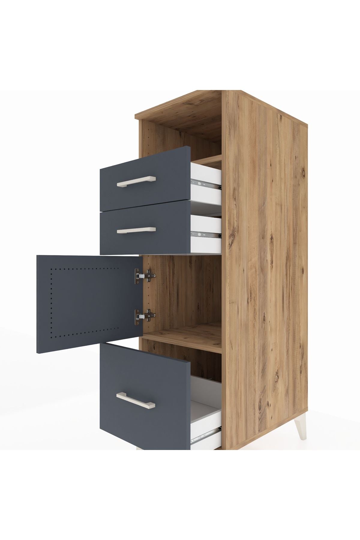 Kronos Dolap 2 Raflı 3 Çekmeceli Tek Kapaklı 44x59x134 Çam-Antrasit