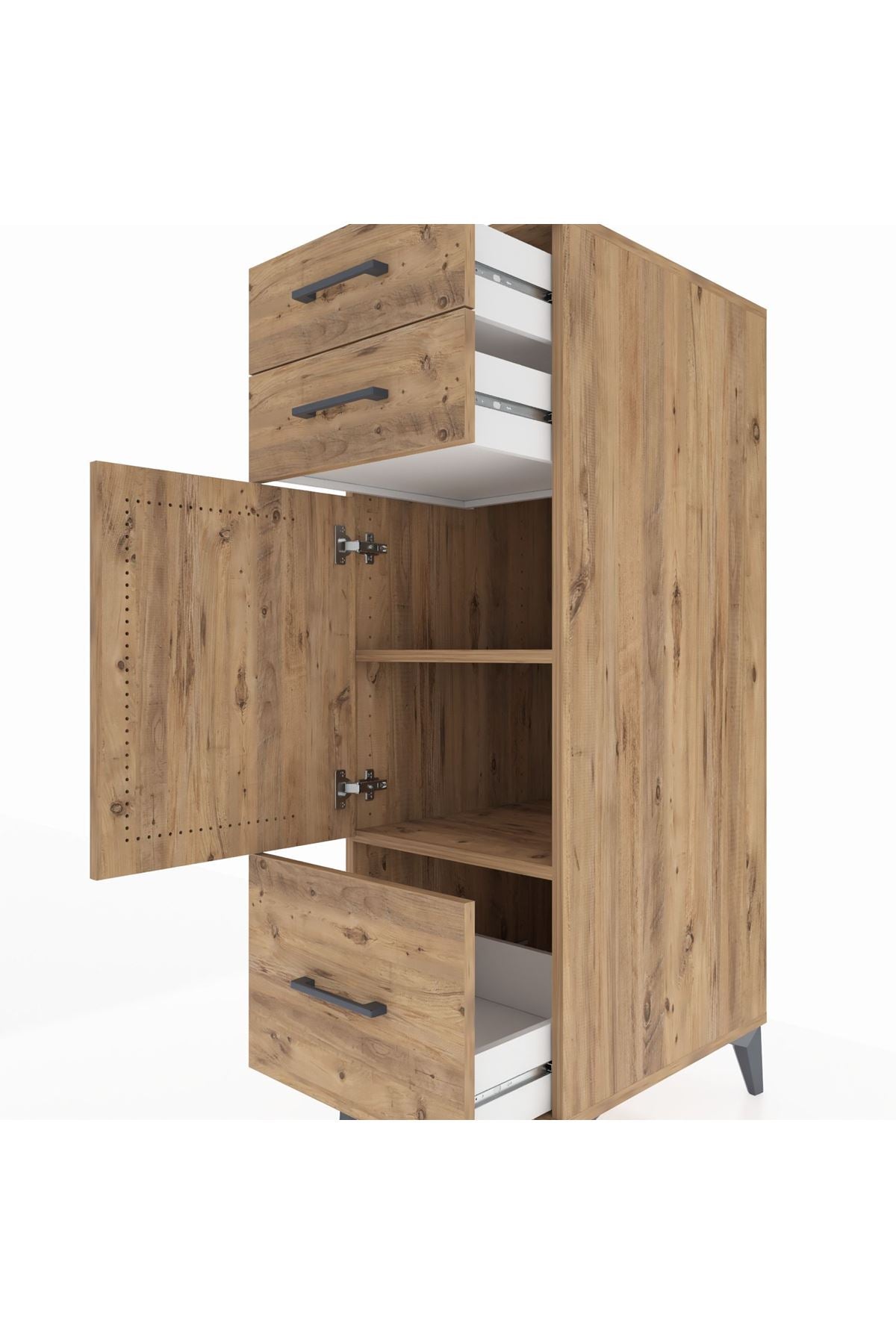 Kronos Dolap 2 Raflı 3 Çekmeceli Tek Kapaklı 44x59x134 Çam-Çam