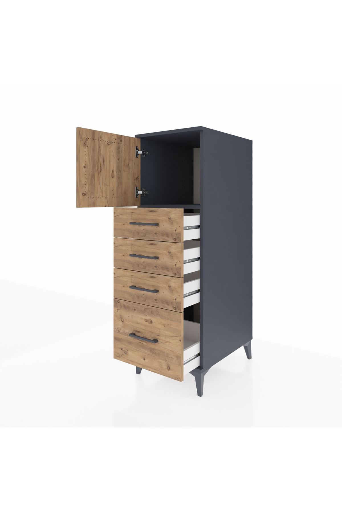 Kronos Dolap Tek Raflı 4 Çekmeceli Tek Kapaklı 44x59x134 Antrasit-Çam