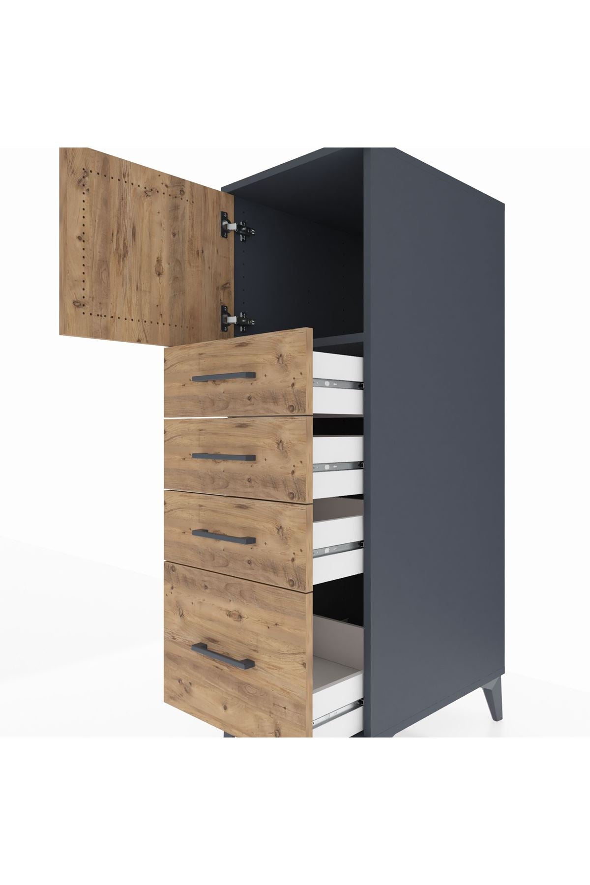 Kronos Dolap Tek Raflı 4 Çekmeceli Tek Kapaklı 44x59x134 Antrasit-Çam