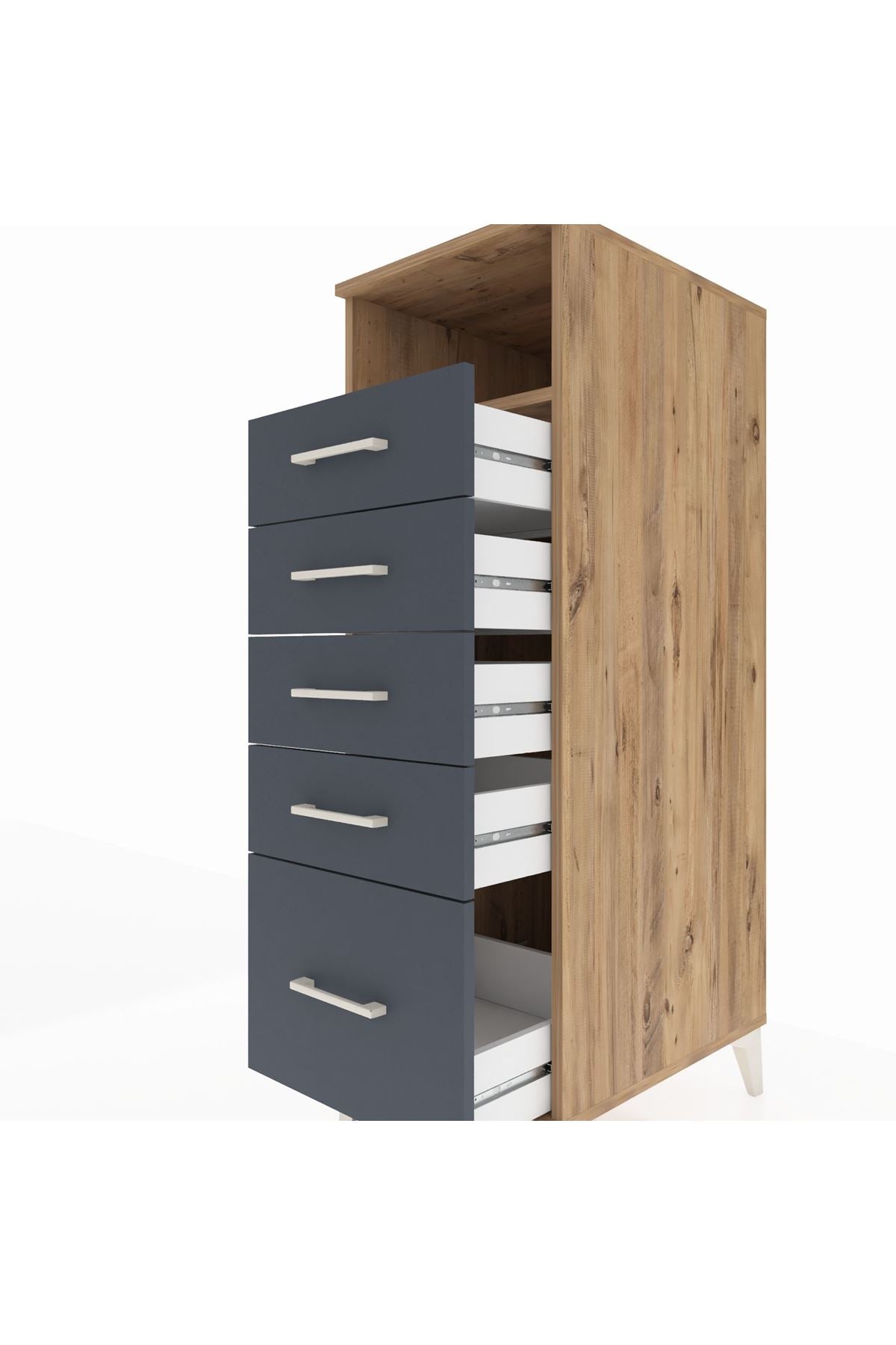 Kronos Dolap Tek Raflı 5 Çekmeceli 44x59x134 Çam-Antrasit