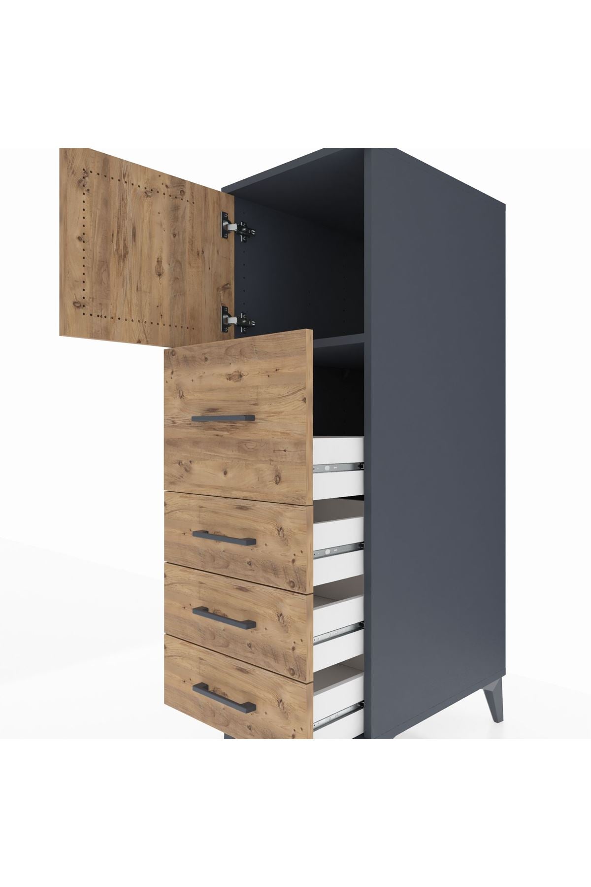 Kronos Dolap Tek Raflı 4 Çekmeceli Tek Kapaklı 44x59x134 Antrasit-Çam