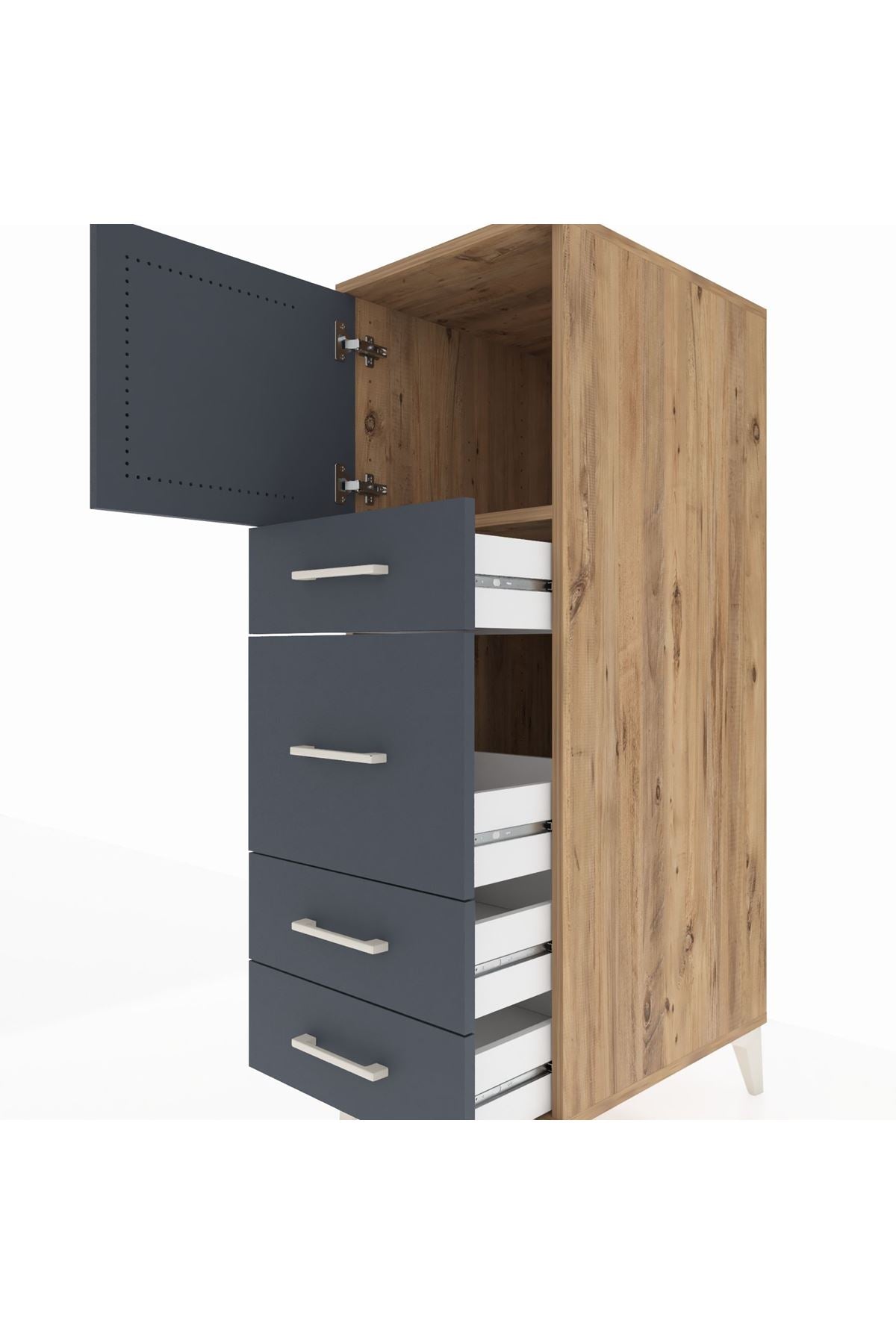 Kronos Dolap Tek Raflı 4 Çekmeceli Tek Kapaklı 44x59x134 Çam-Antrasit