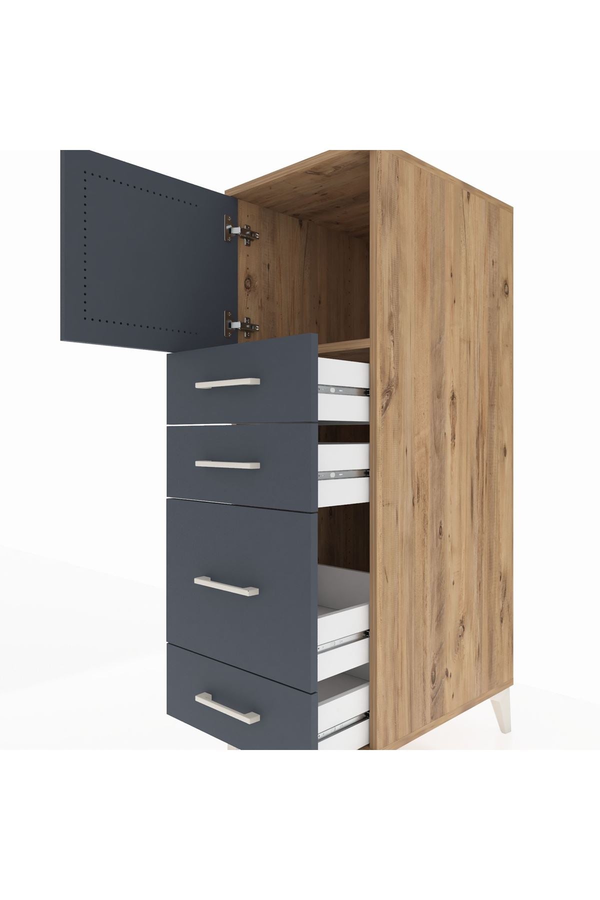 Kronos Dolap Tek Raflı 4 Çekmeceli Tek Kapaklı 44x59x134 Çam-Antrasit