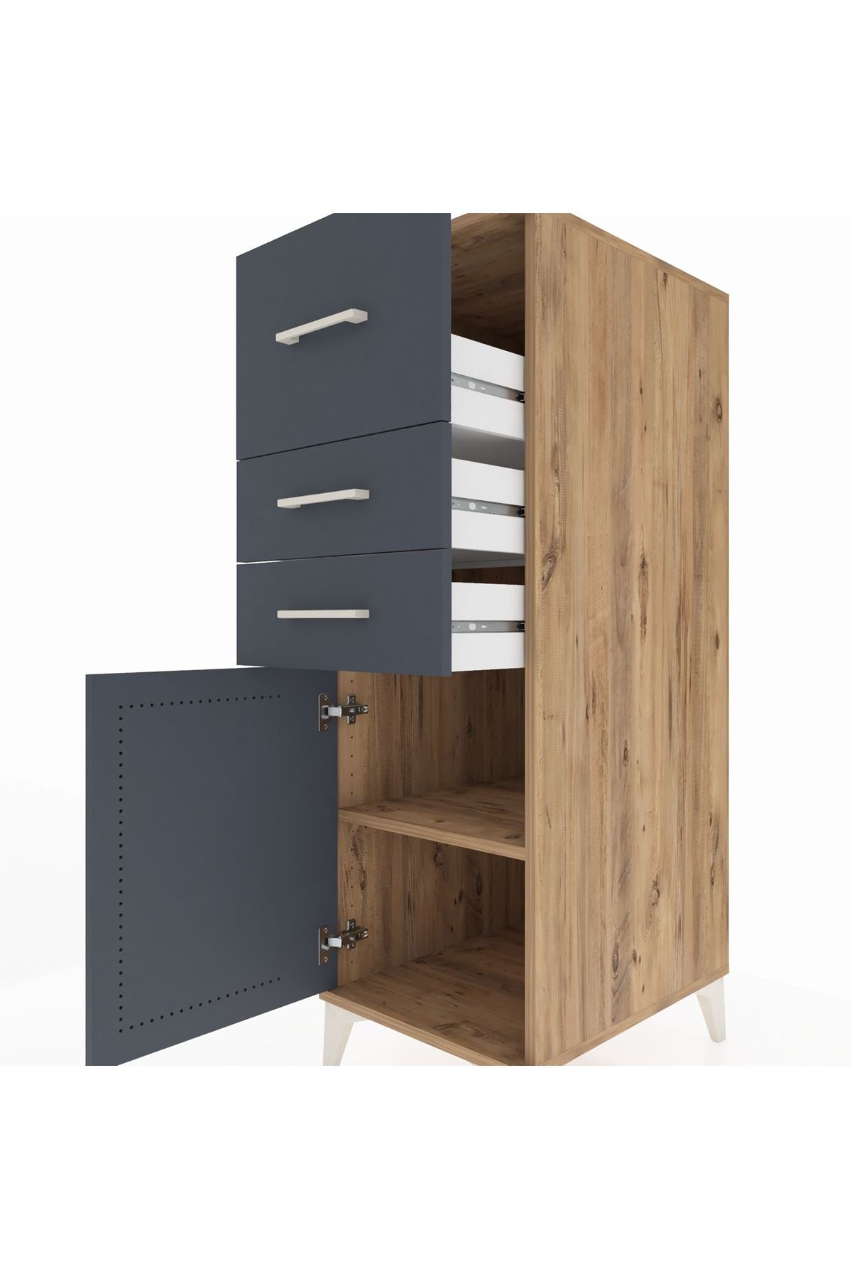 Kronos Dolap Tek Raflı 3 Çekmeceli Tek Kapaklı 44x59x134 Çam-Antrasit