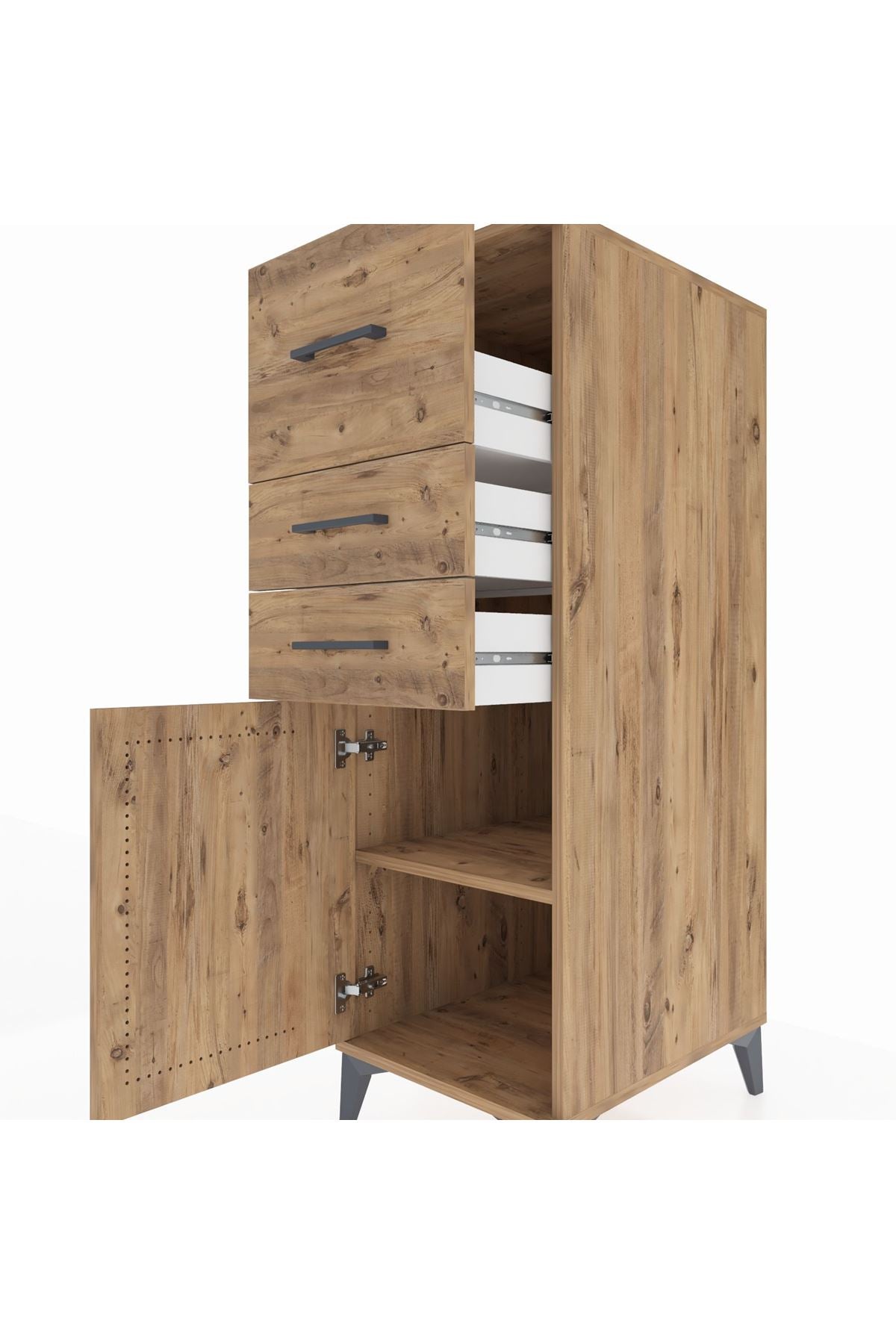 Kronos Dolap Tek Raflı 3 Çekmeceli Tek Kapaklı 44x59x134 Çam-Çam